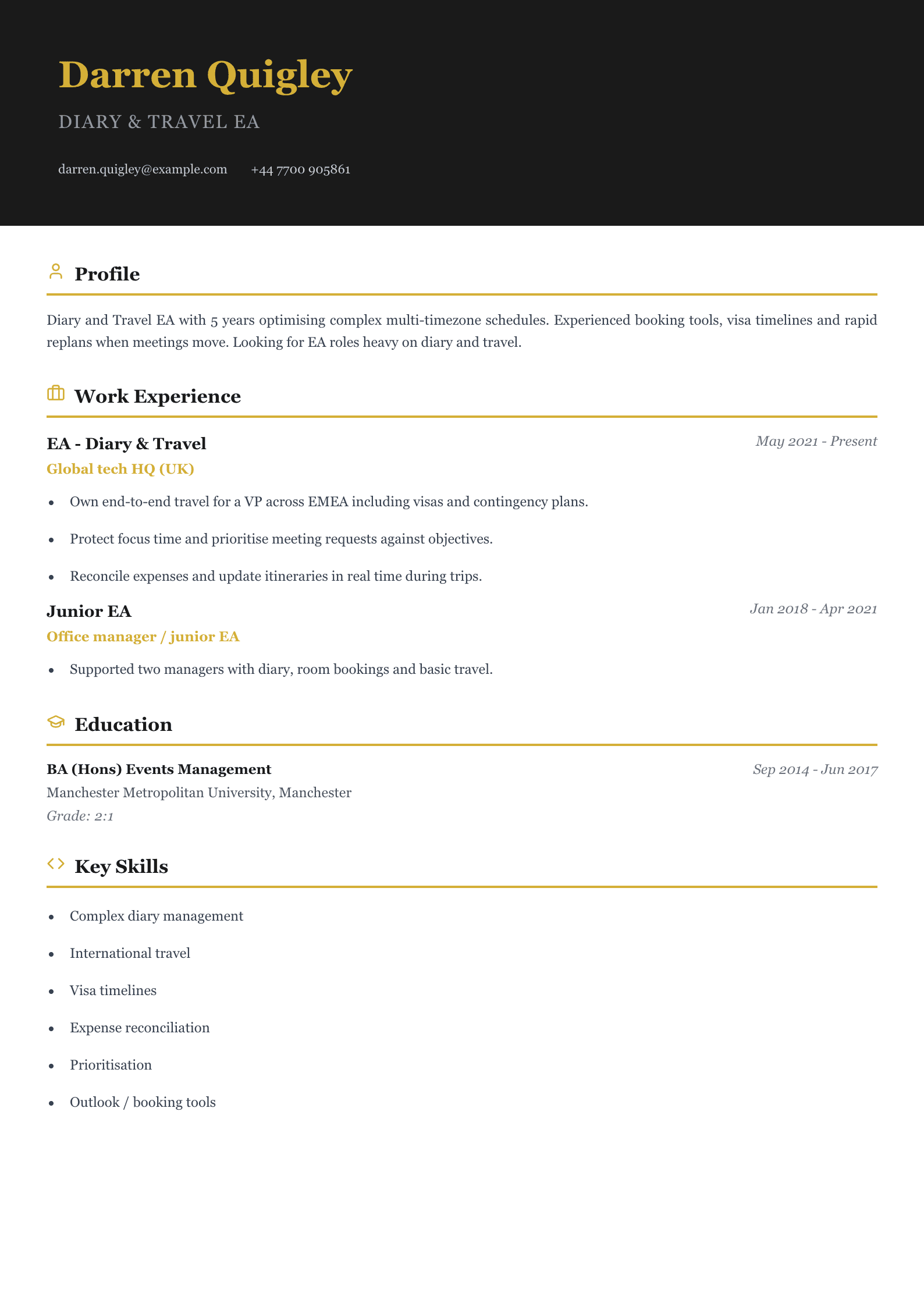 diary travel executive assistant cv template