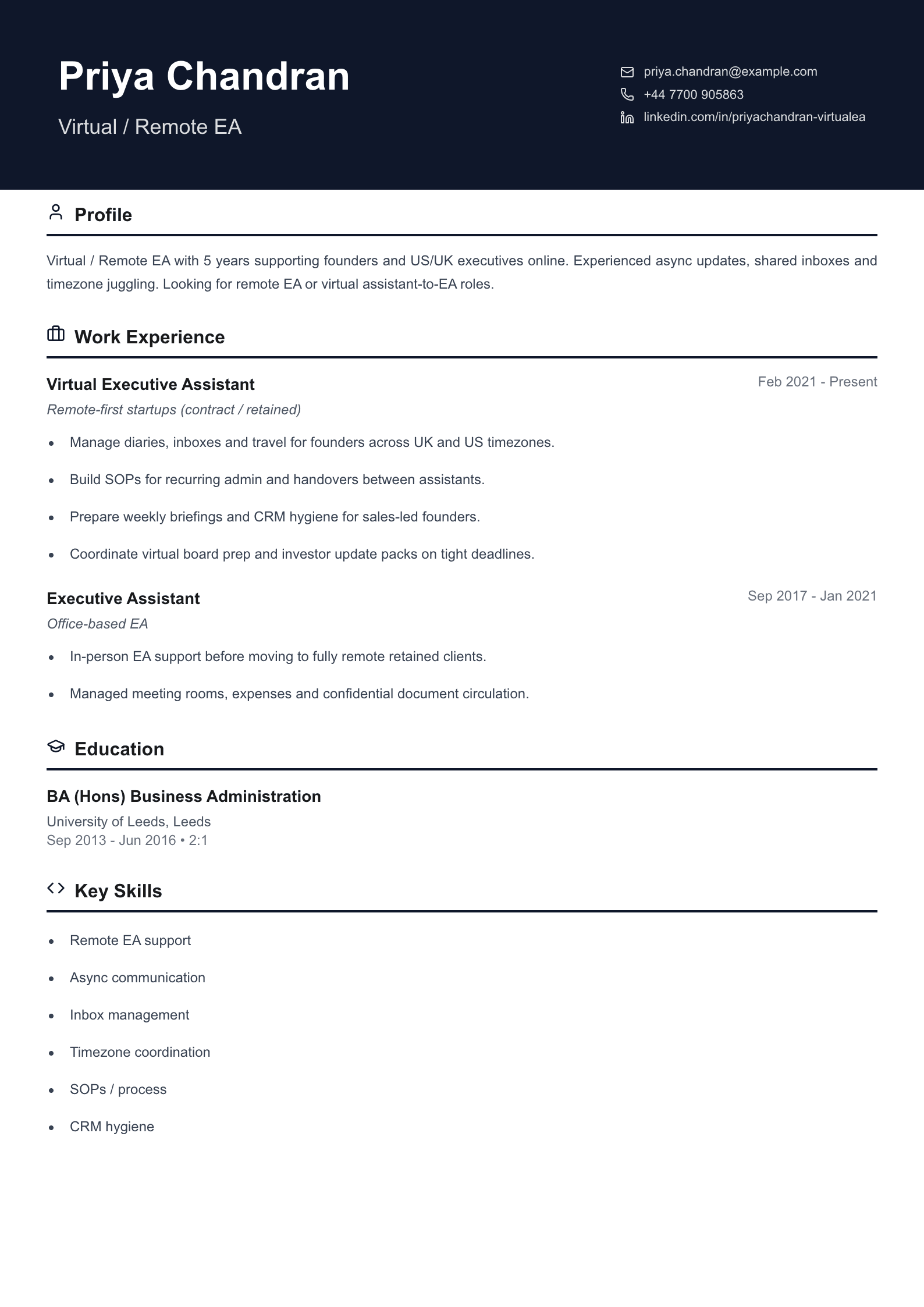 virtual remote executive assistant cv template