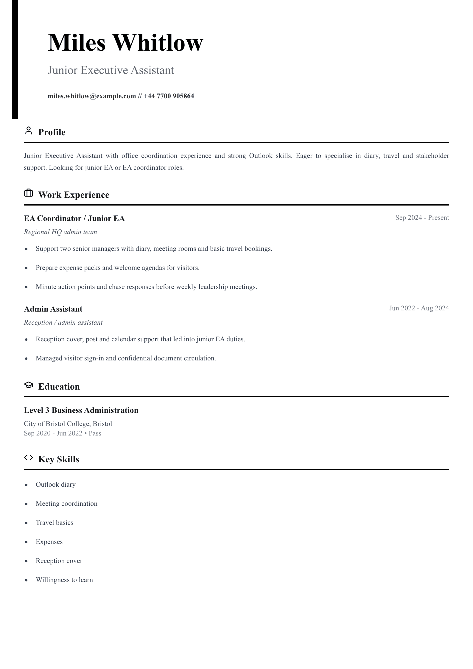 junior executive assistant cv template