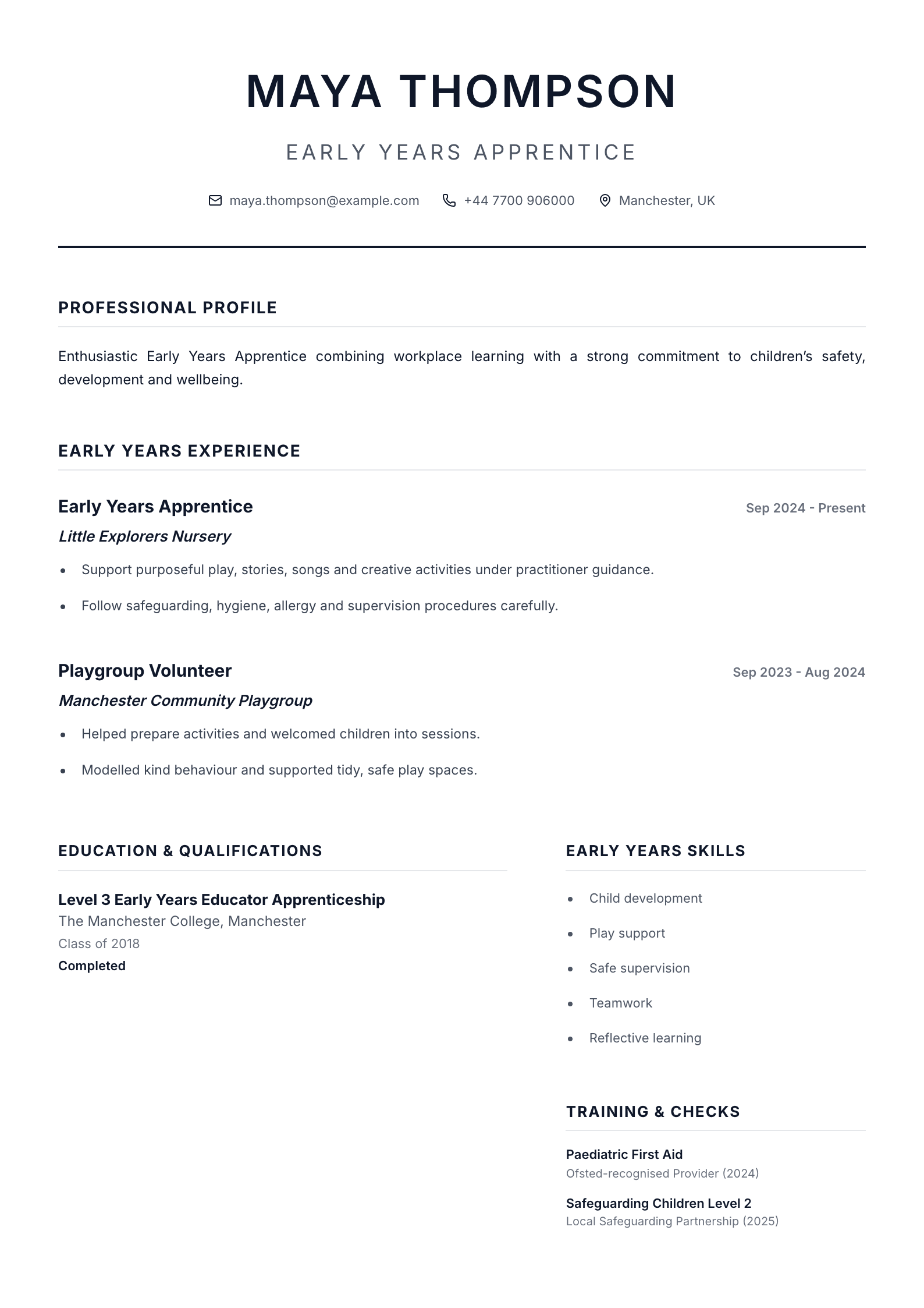 Early Years Apprentice CV template