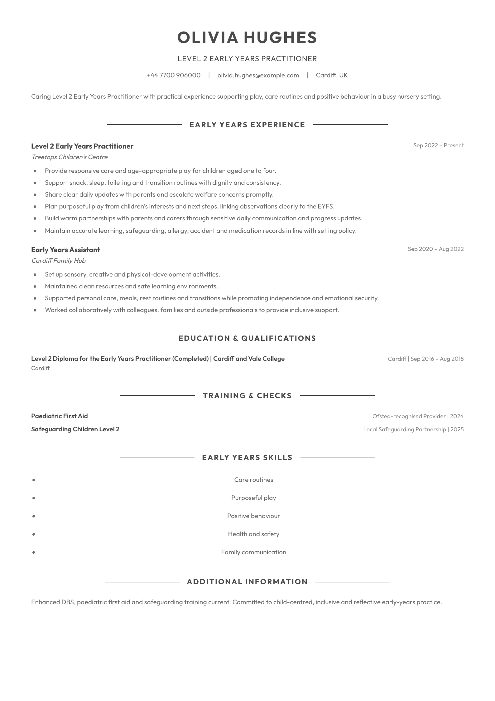 Level 2 Early Years Practitioner CV template
