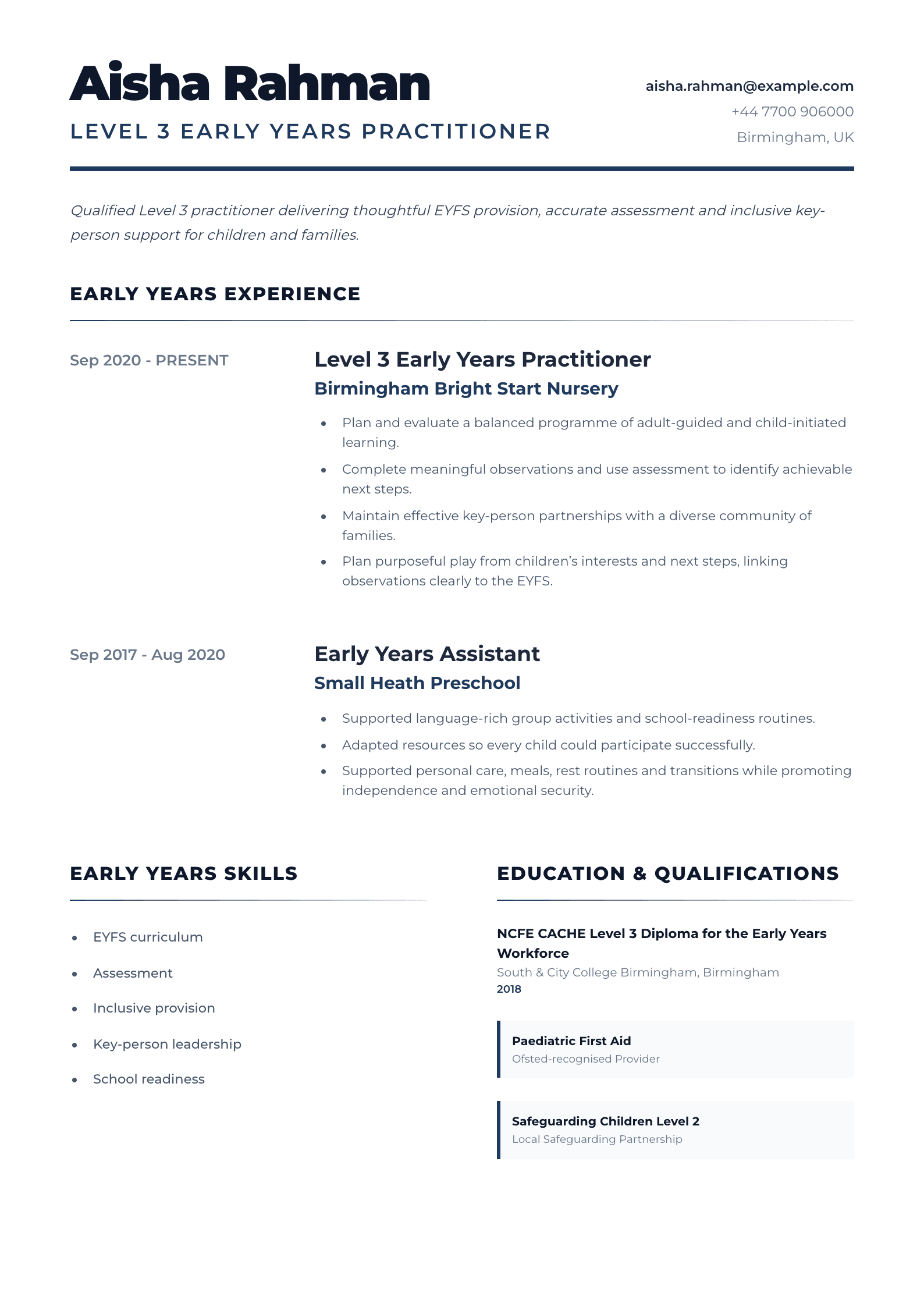 Level 3 Early Years Practitioner CV template