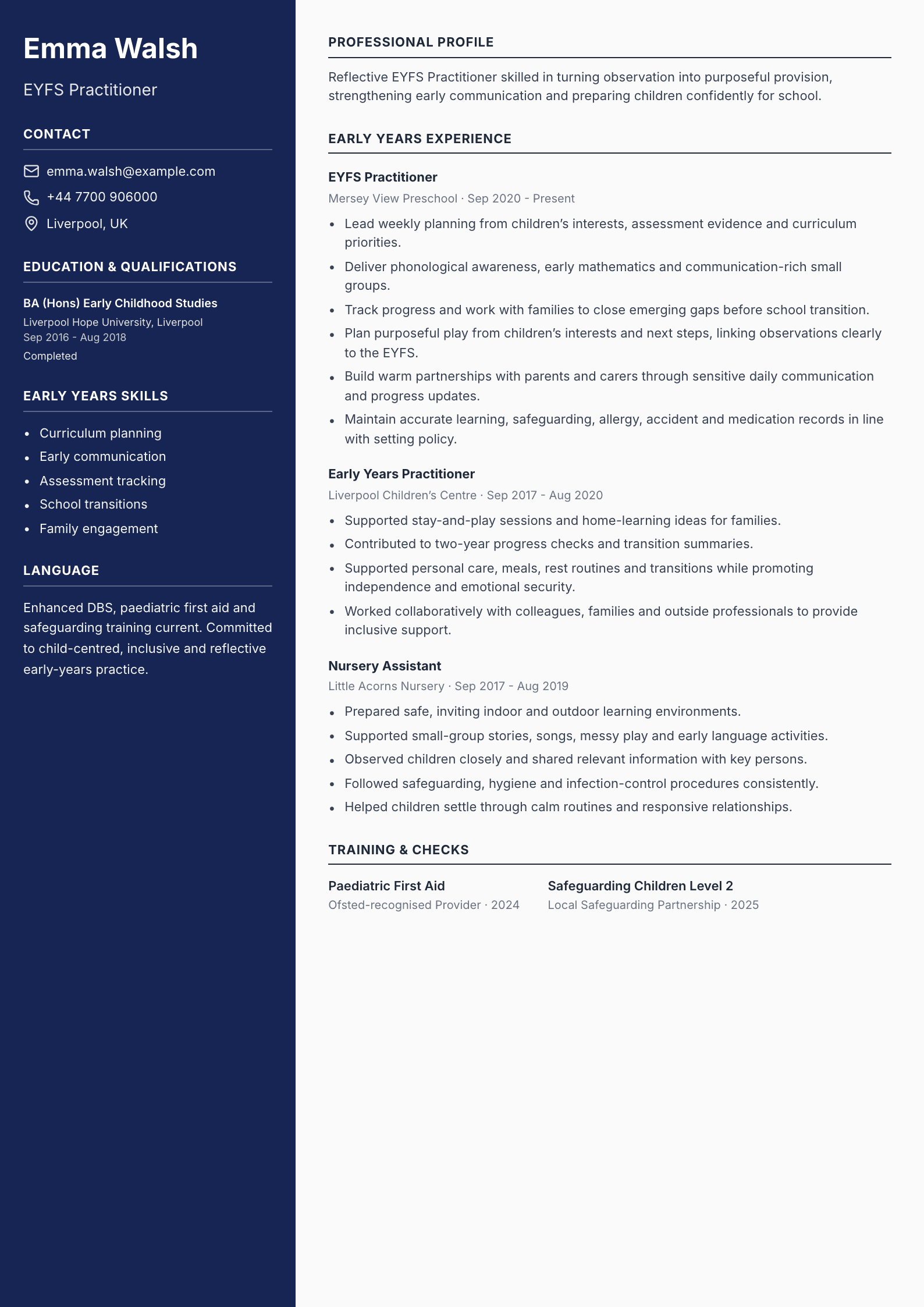 EYFS Practitioner CV template