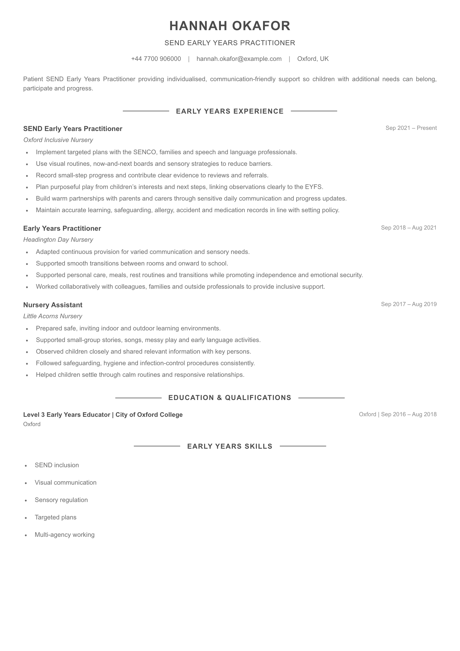 SEND Early Years Practitioner CV template