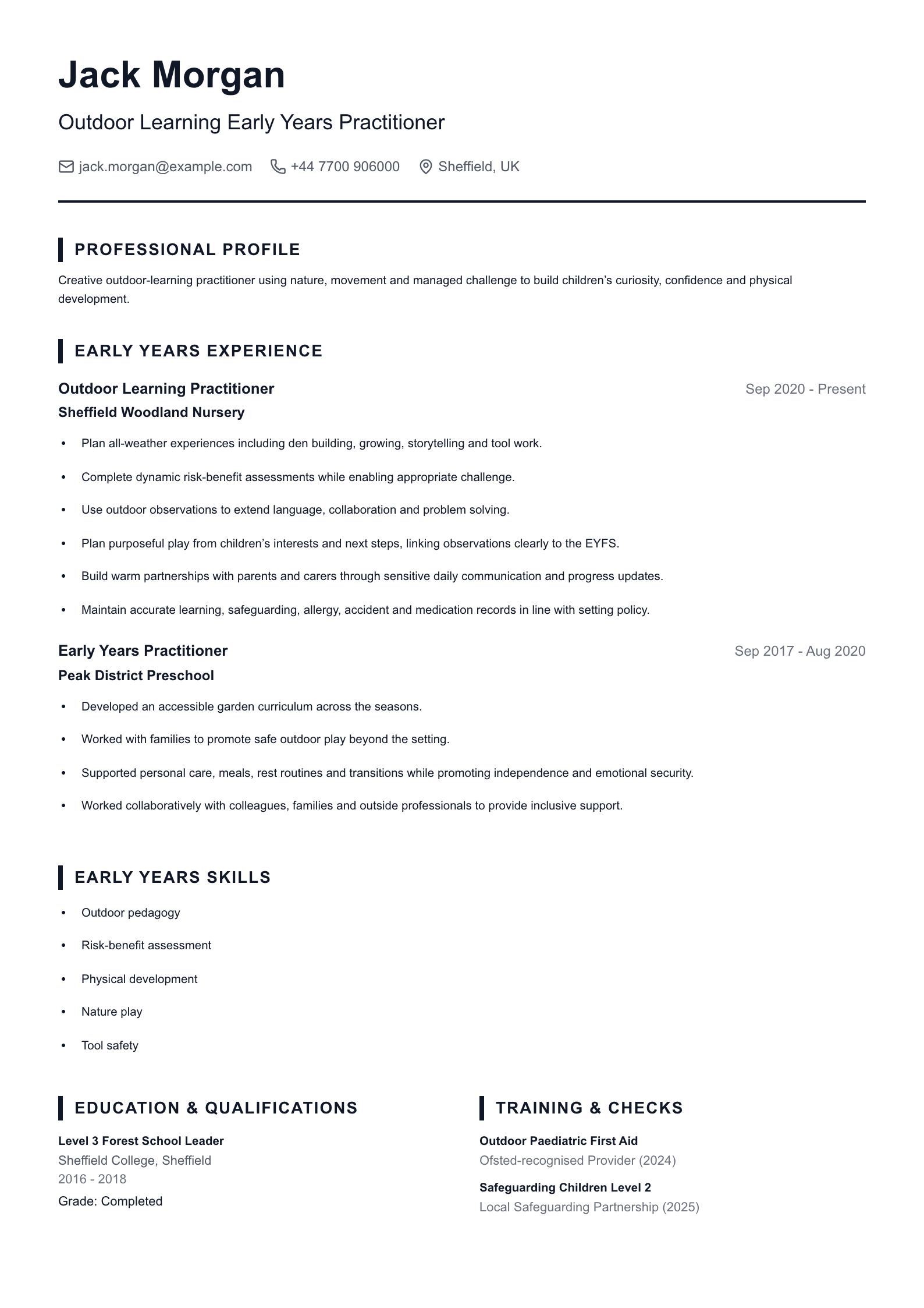 Outdoor Learning Practitioner CV template