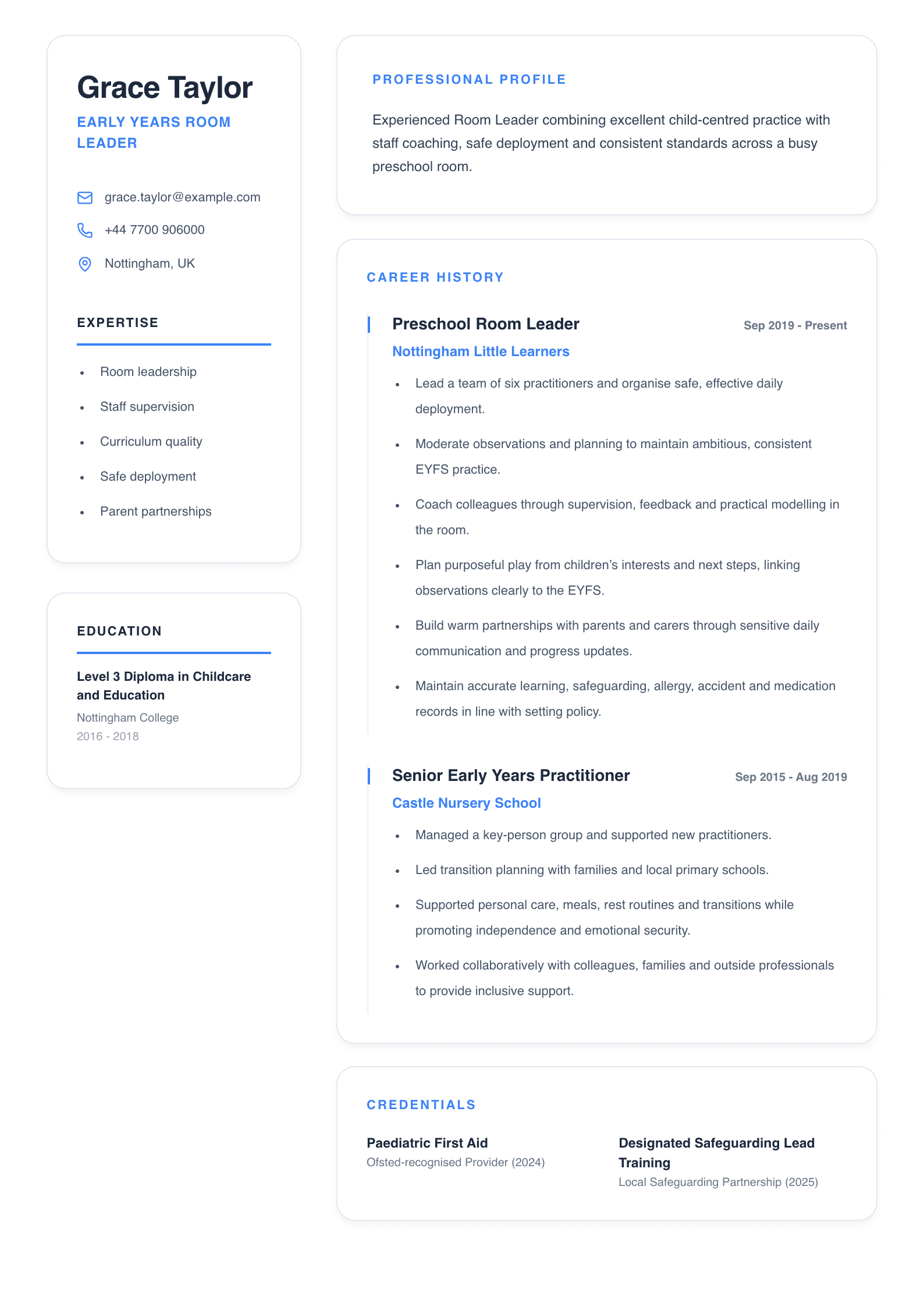 Early Years Room Leader CV template