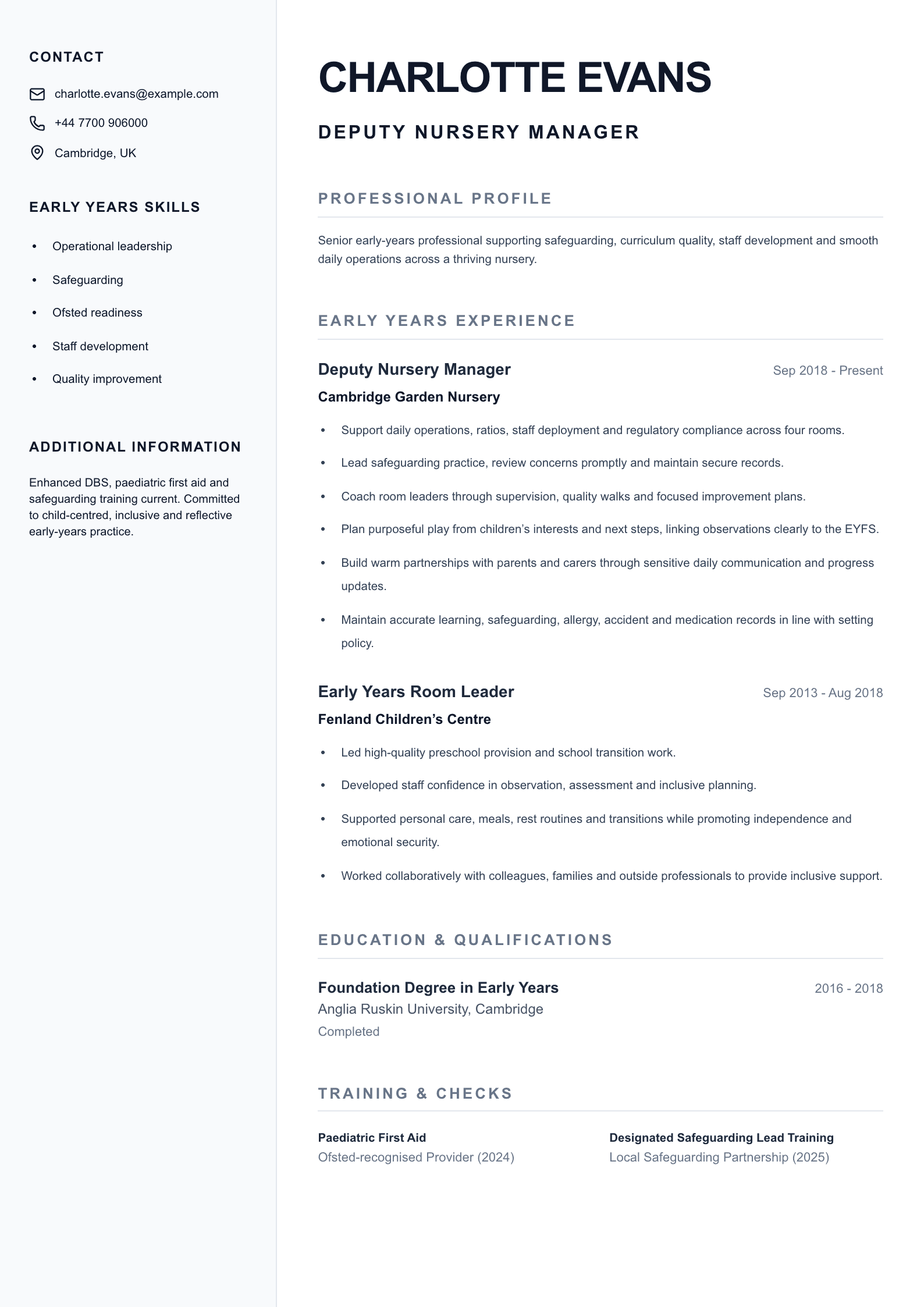 Deputy Nursery Manager CV template