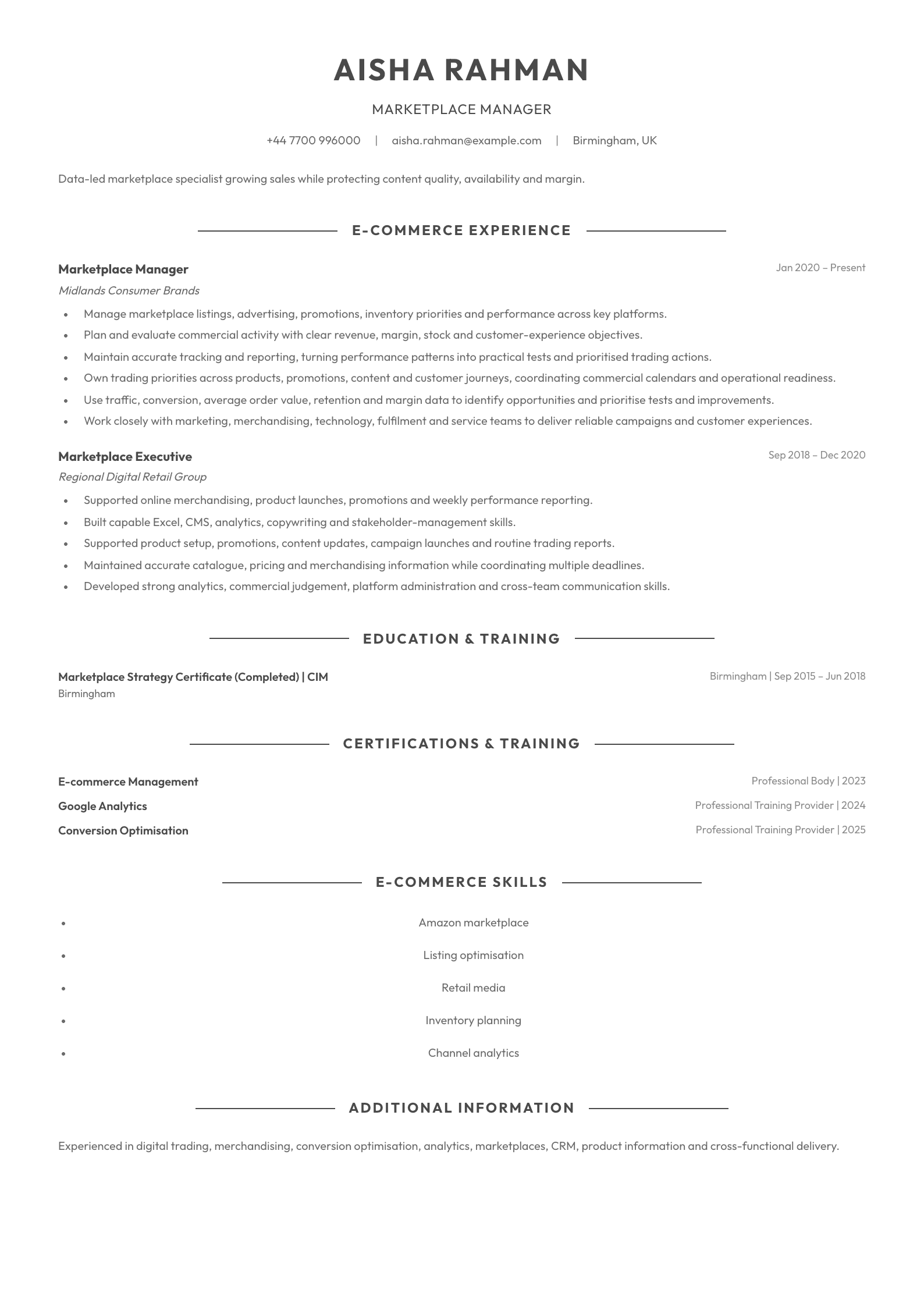 Marketplace Manager CV template