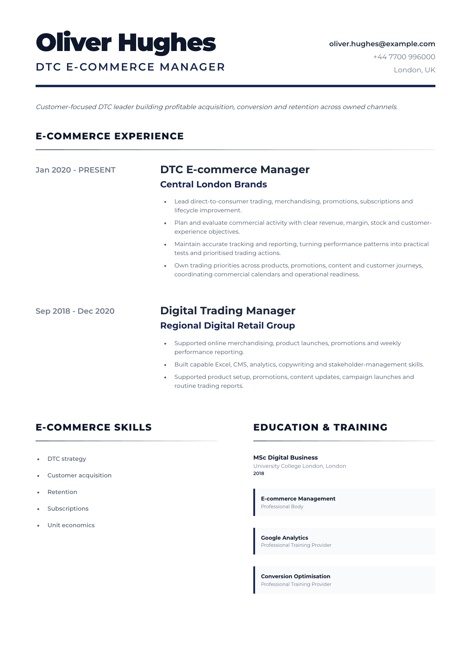 DTC E-commerce Manager CV template
