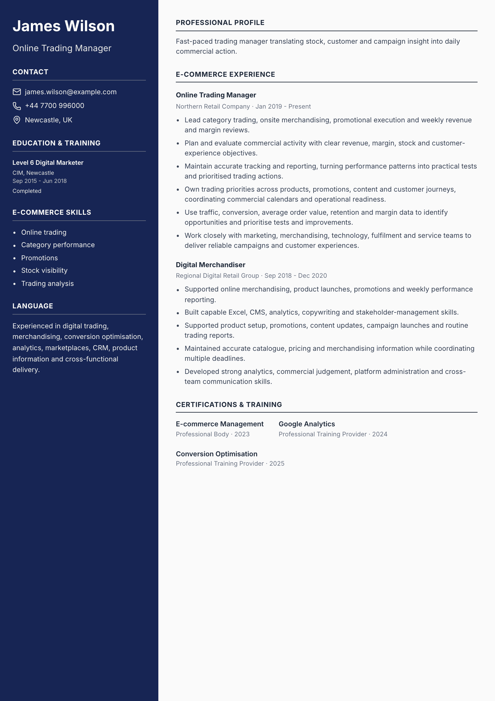 Online Trading Manager CV template
