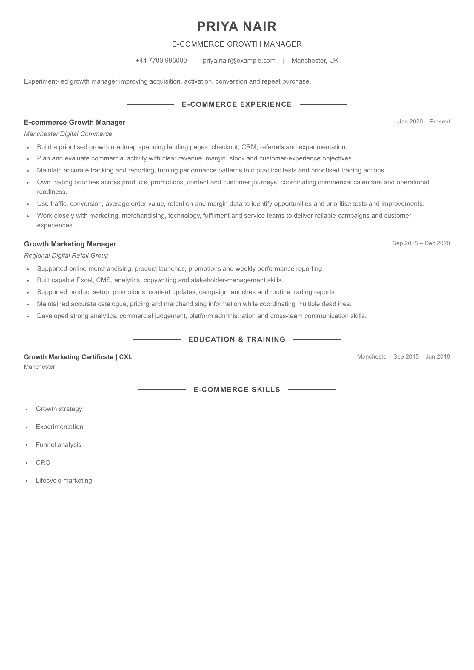 E-commerce Growth Manager CV template