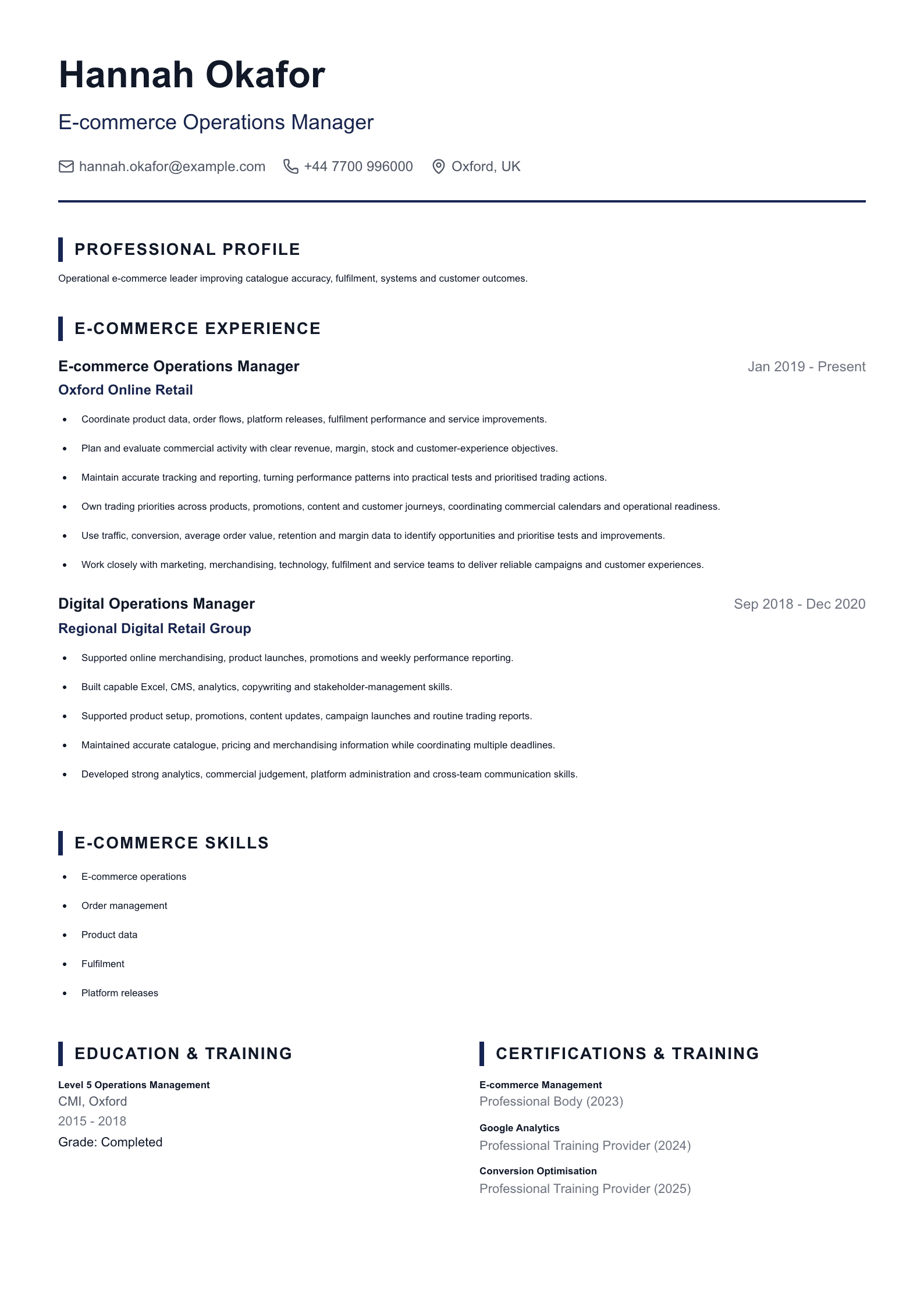 E-commerce Operations Manager CV template
