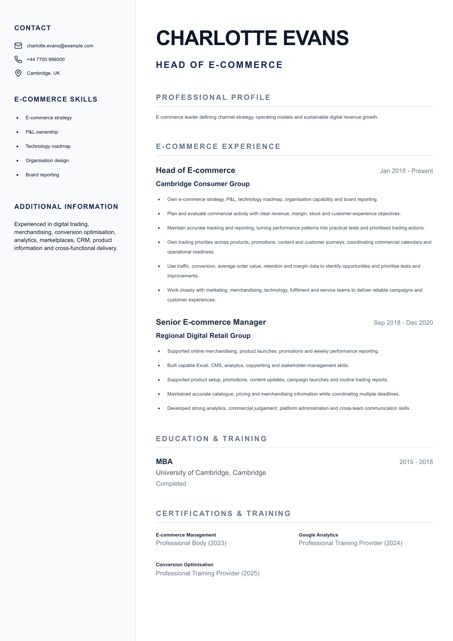 Head of E-commerce CV template