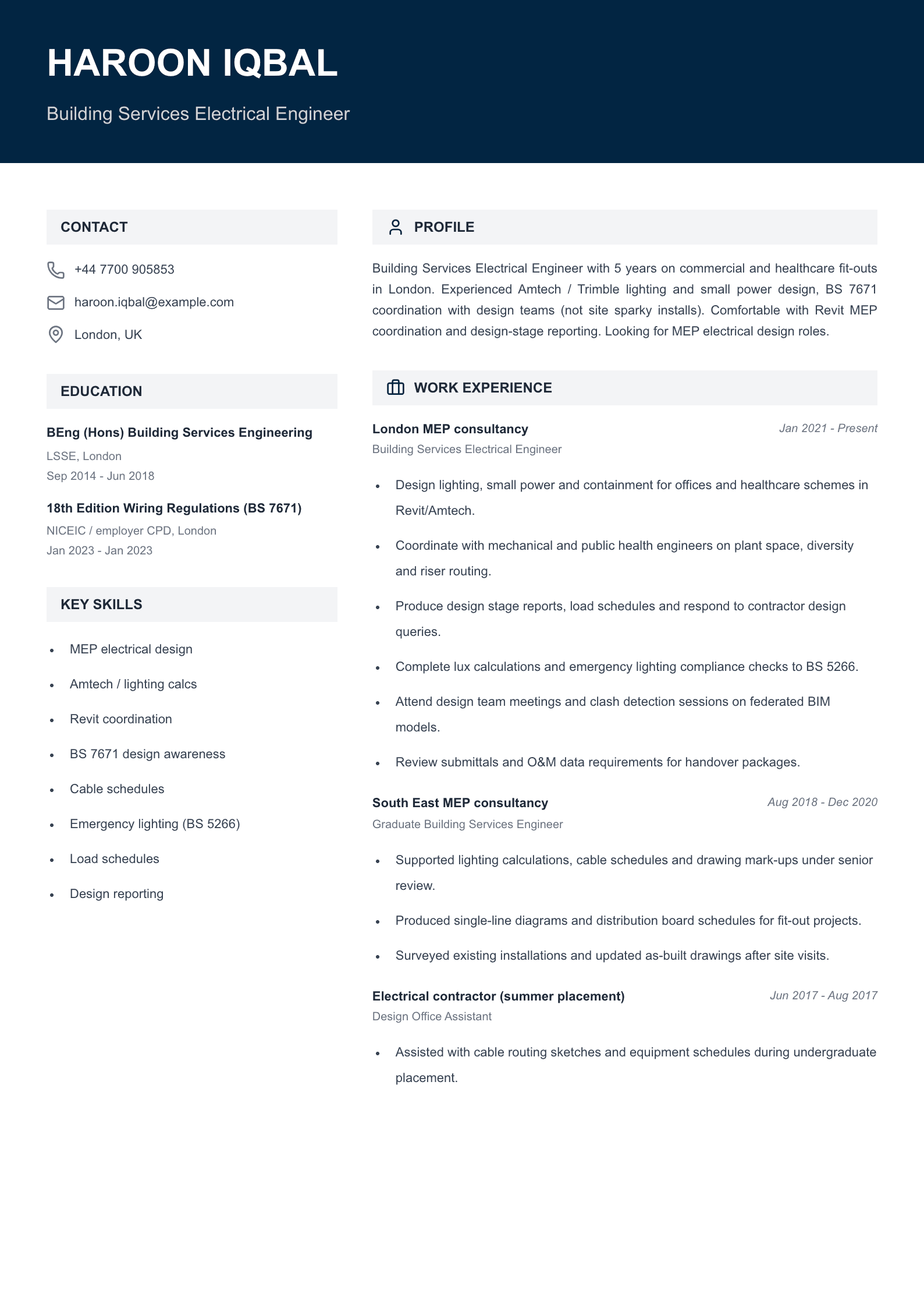 building services electrical engineer cv template