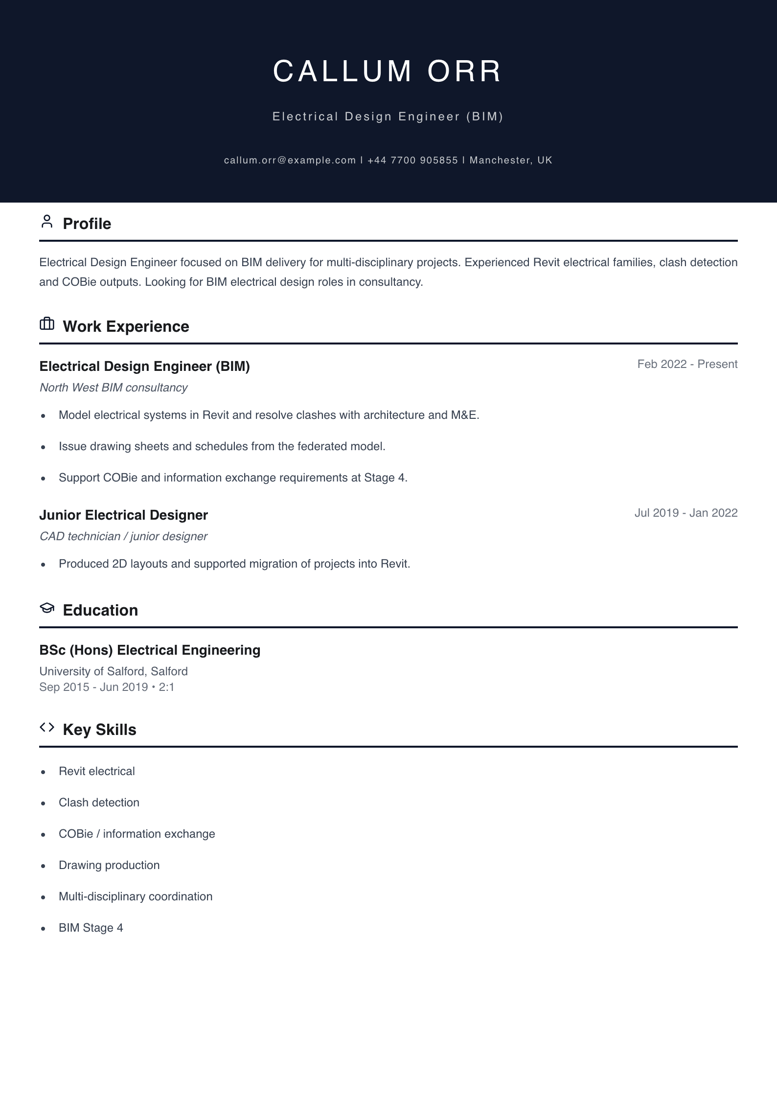 electrical design bim engineer cv template