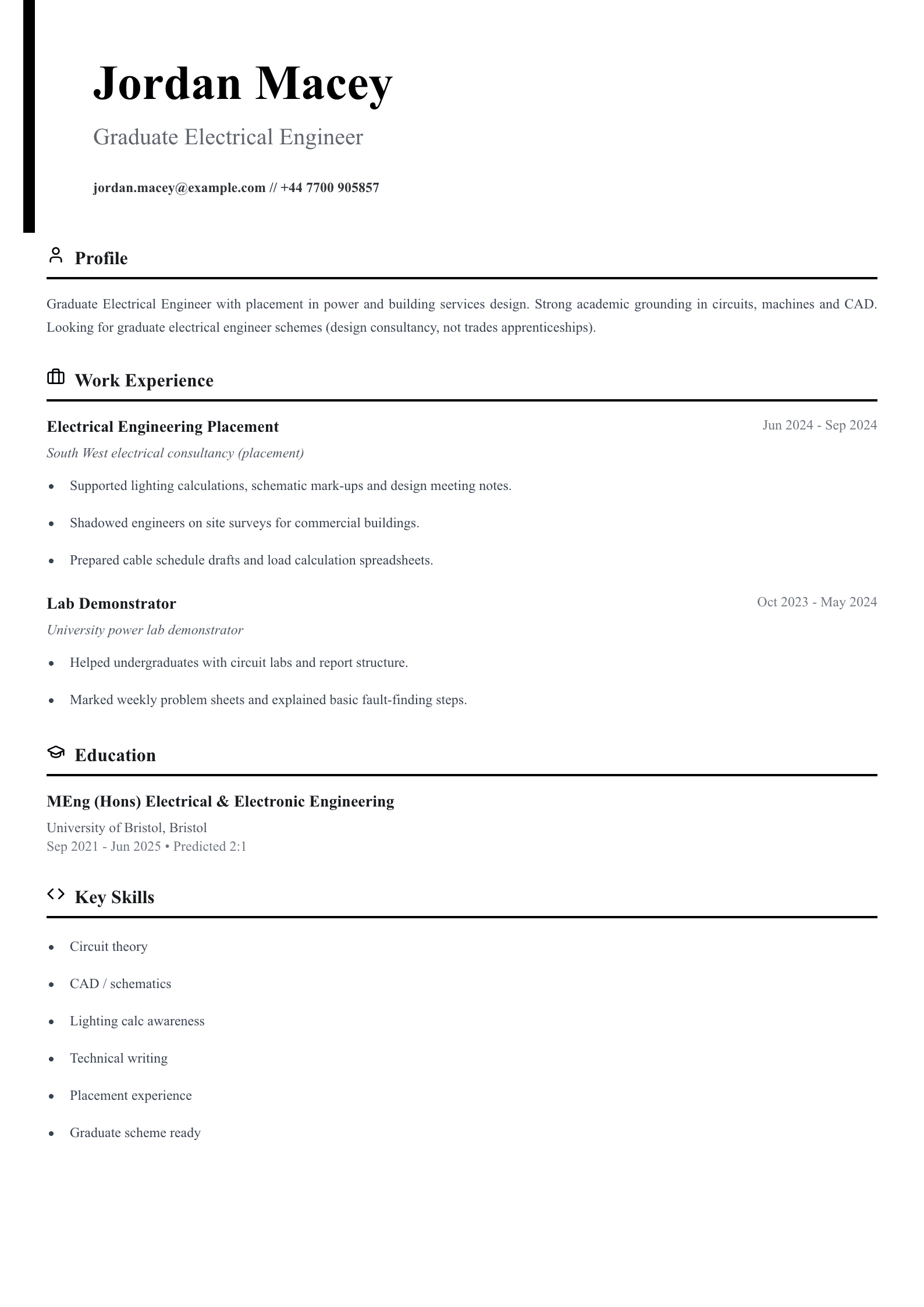 graduate electrical engineer cv template