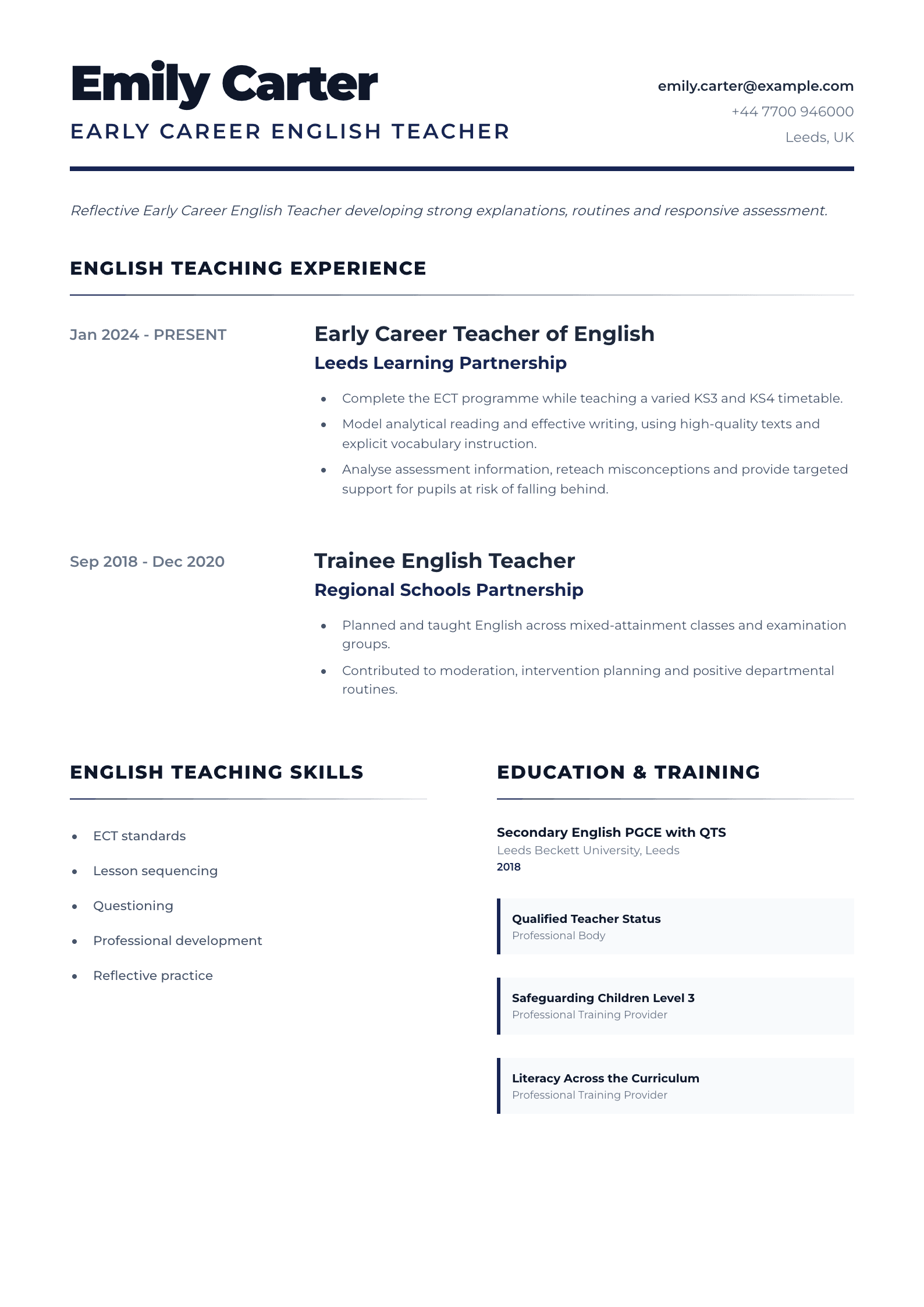 Early Career English Teacher CV template