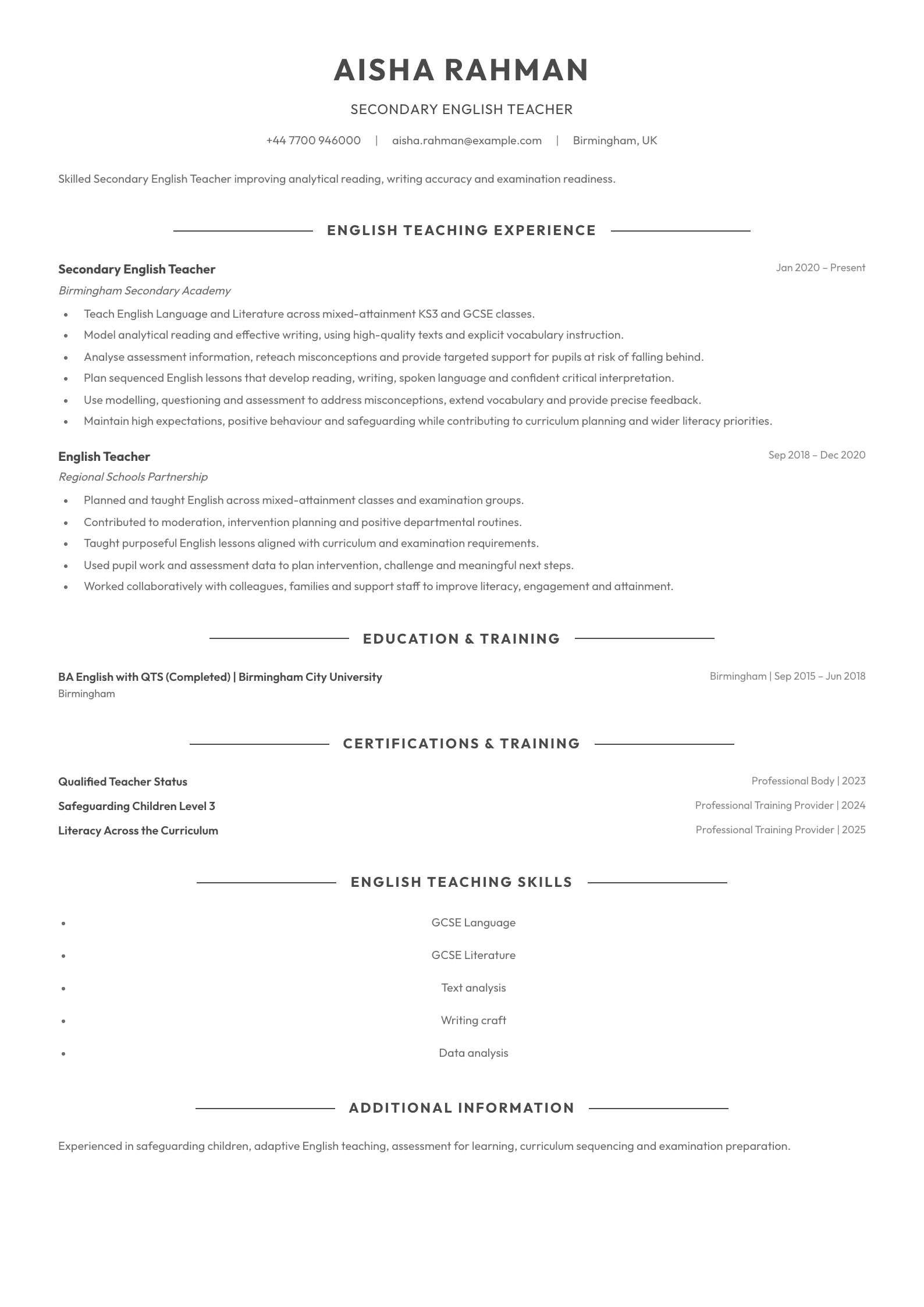 Secondary English Teacher CV template