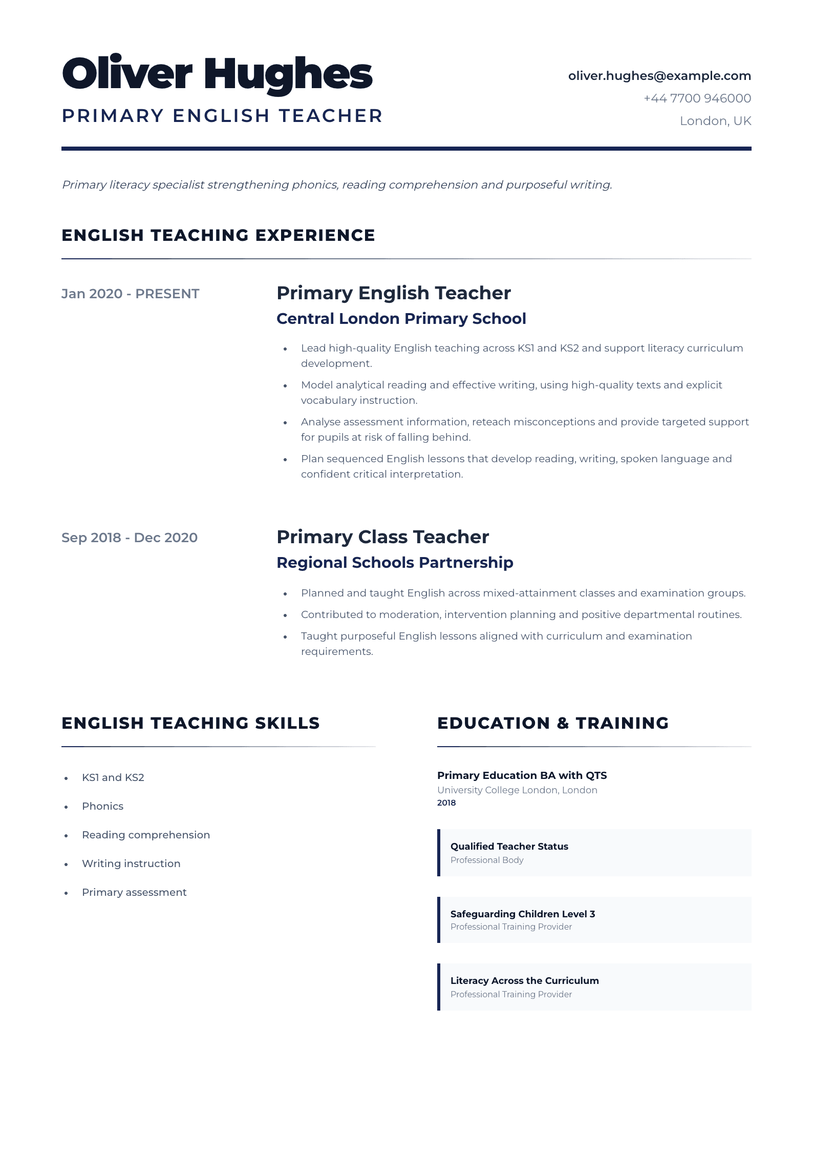 Primary English Teacher CV template