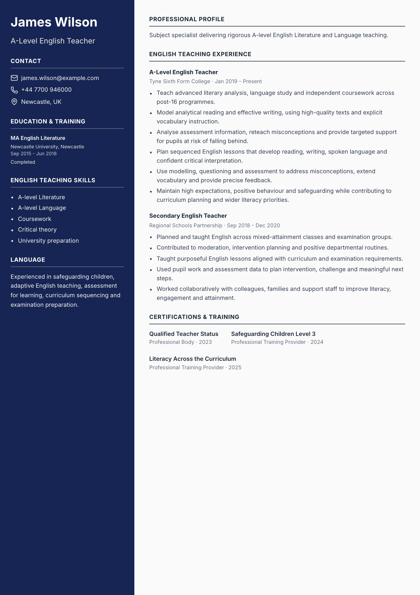 A-Level English Teacher CV template