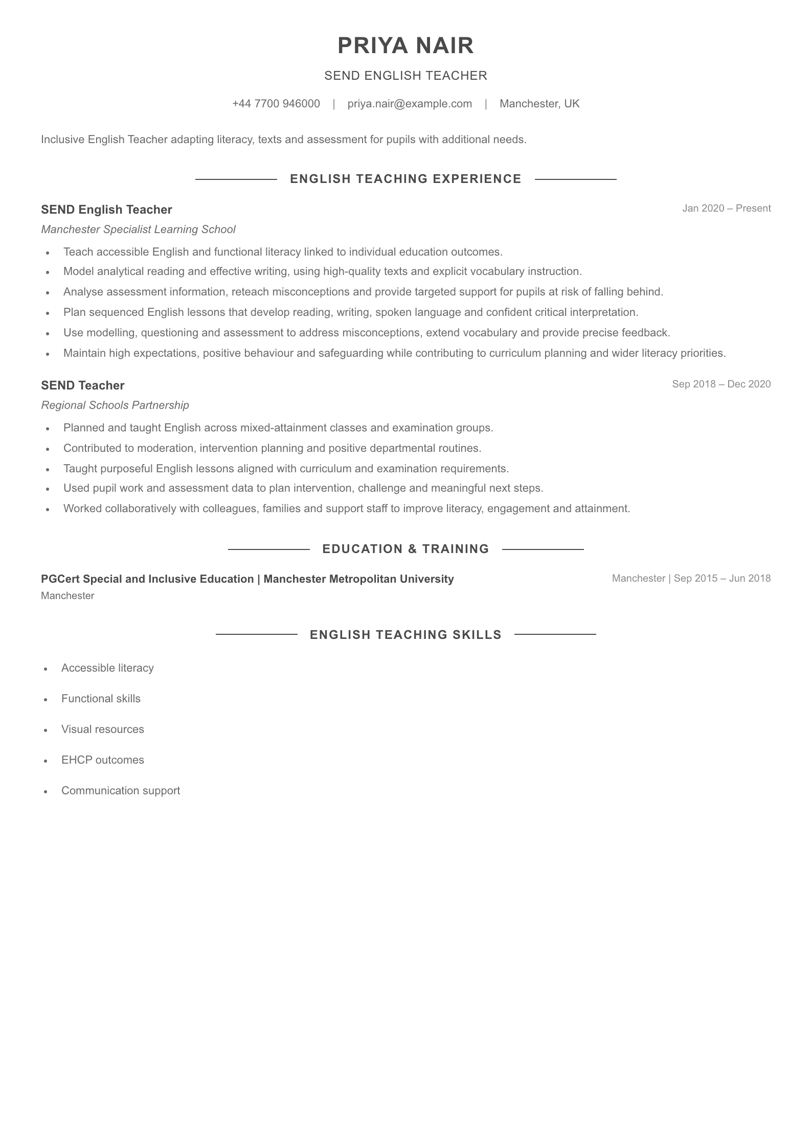 SEND English Teacher CV template