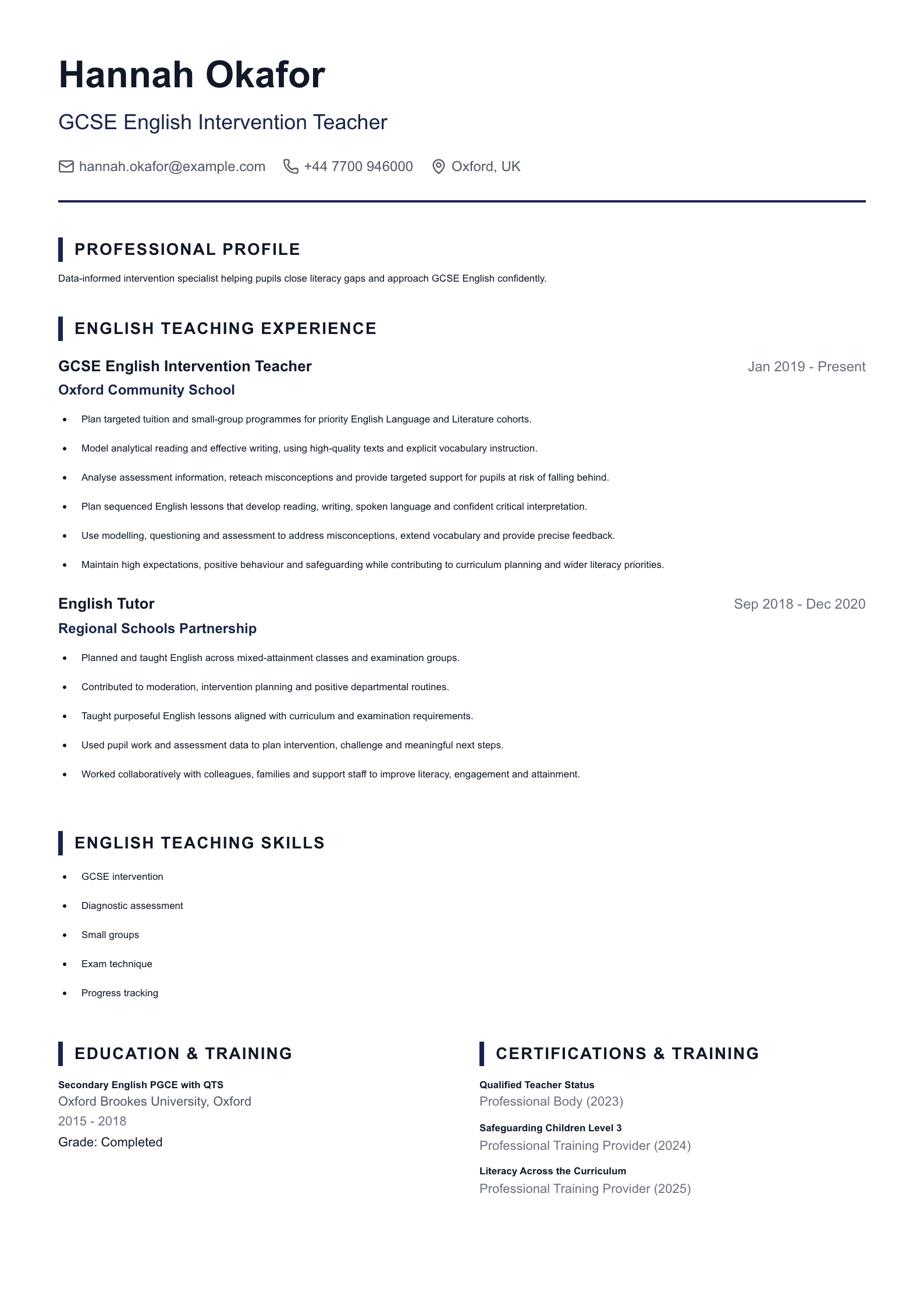 GCSE English Intervention Teacher CV template