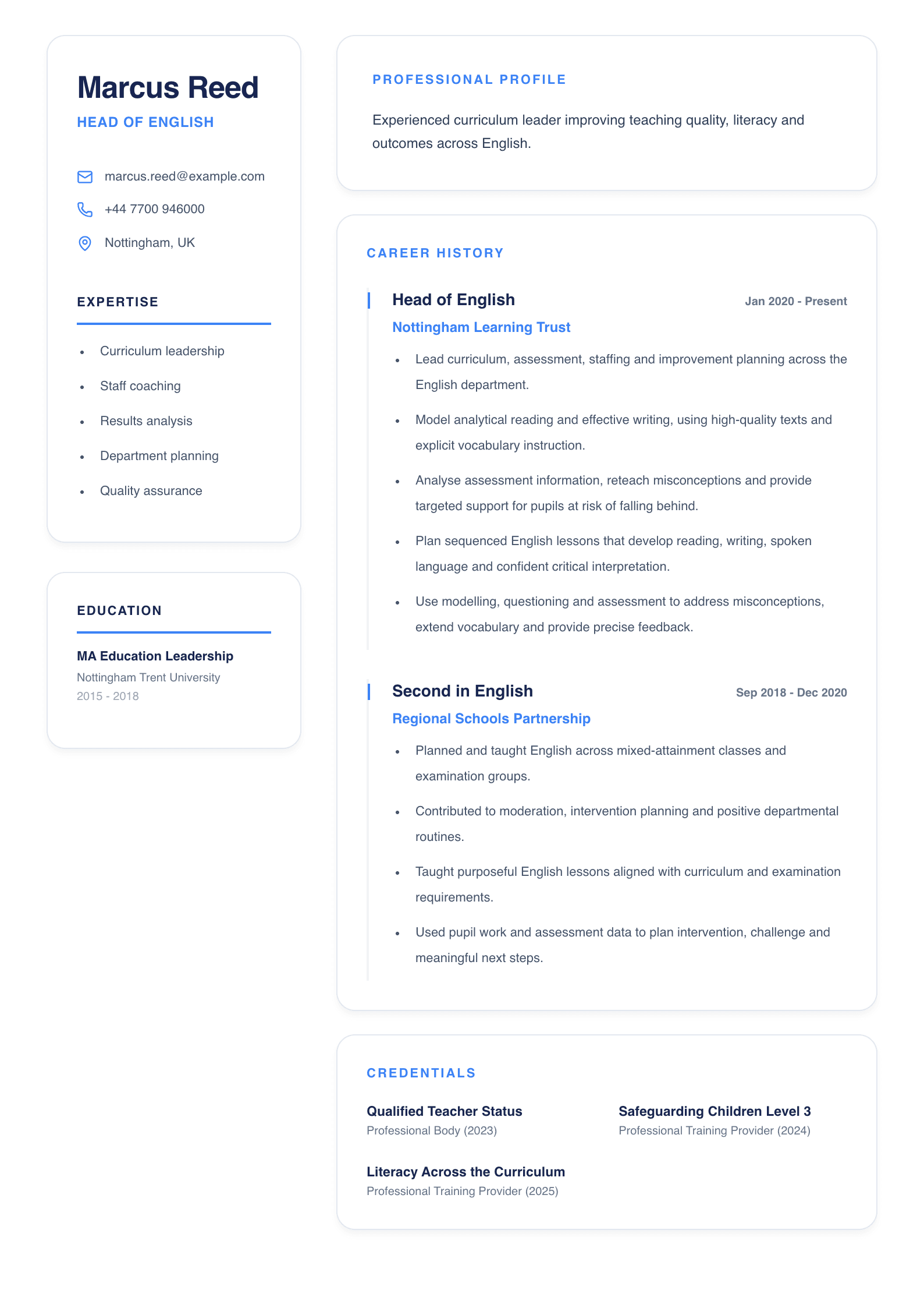 Head of English CV template