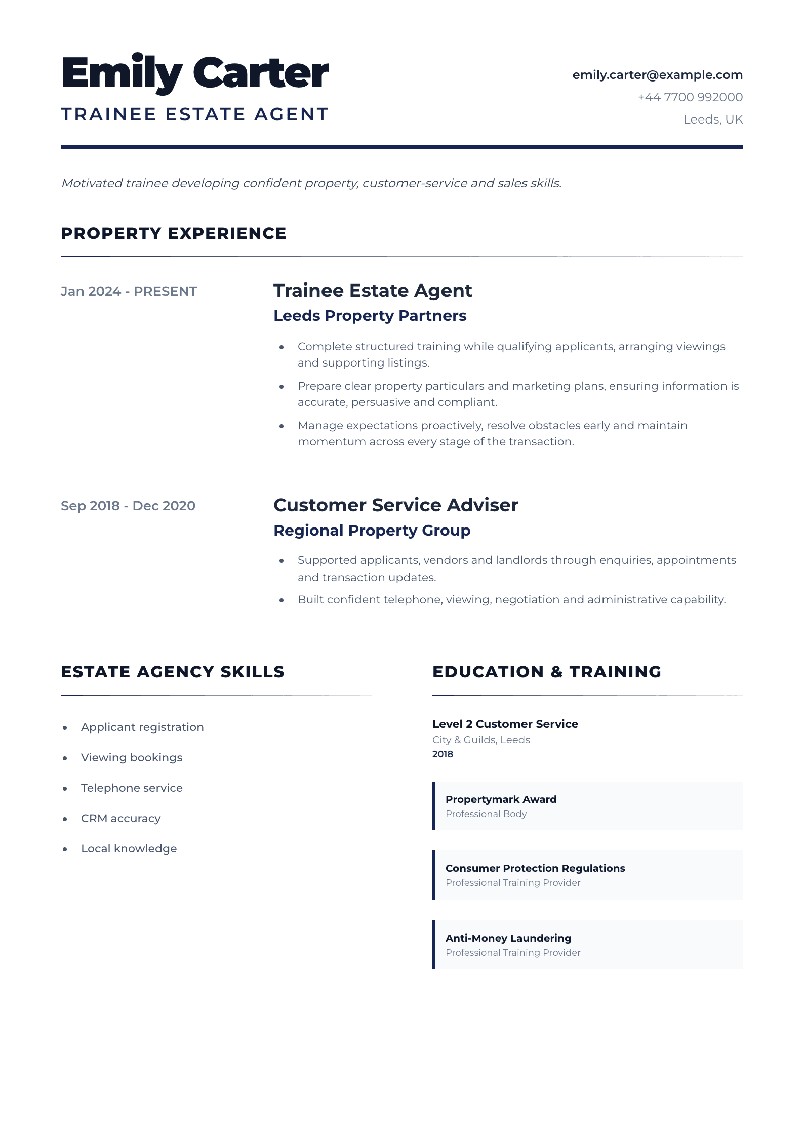 Trainee Estate Agent CV template