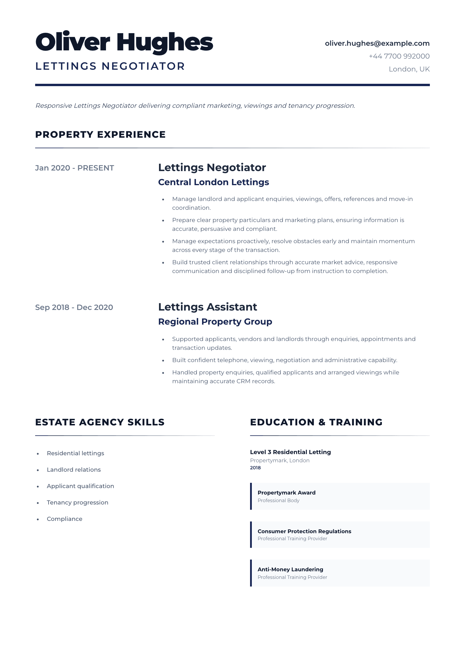 Lettings Negotiator CV template