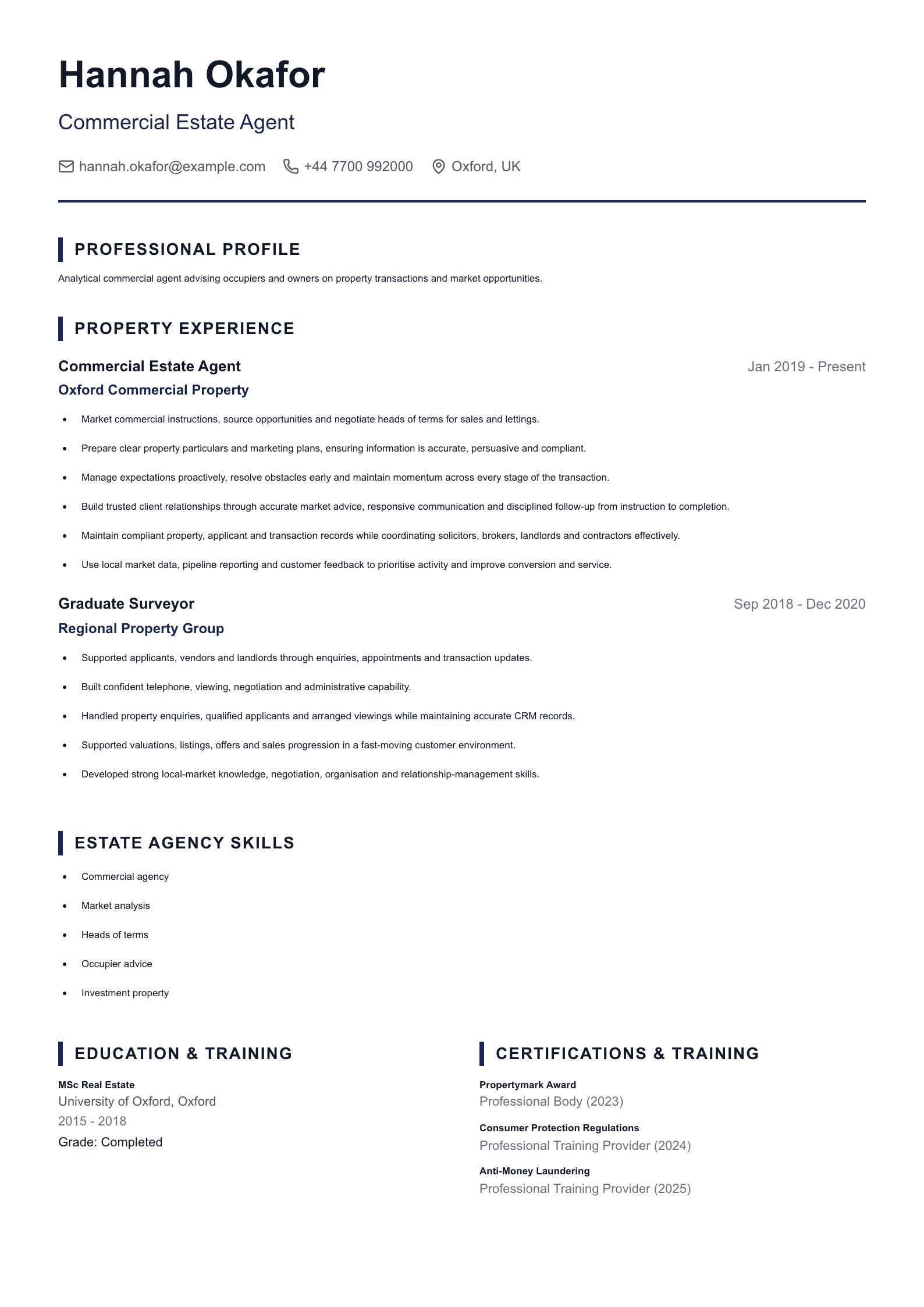 Commercial Estate Agent CV template