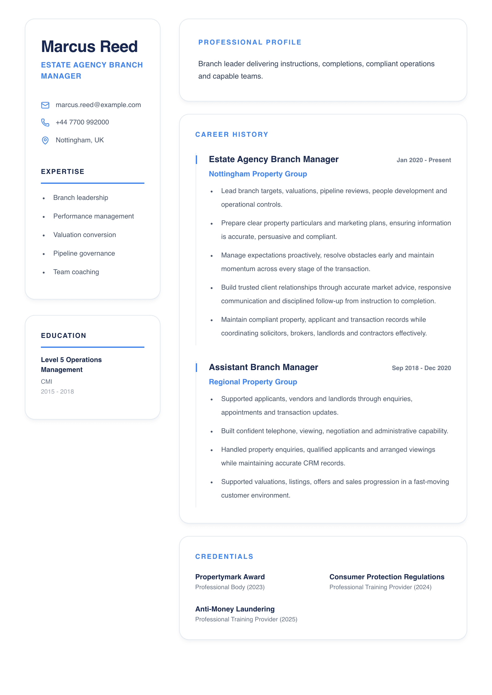 Estate Agency Branch Manager CV template