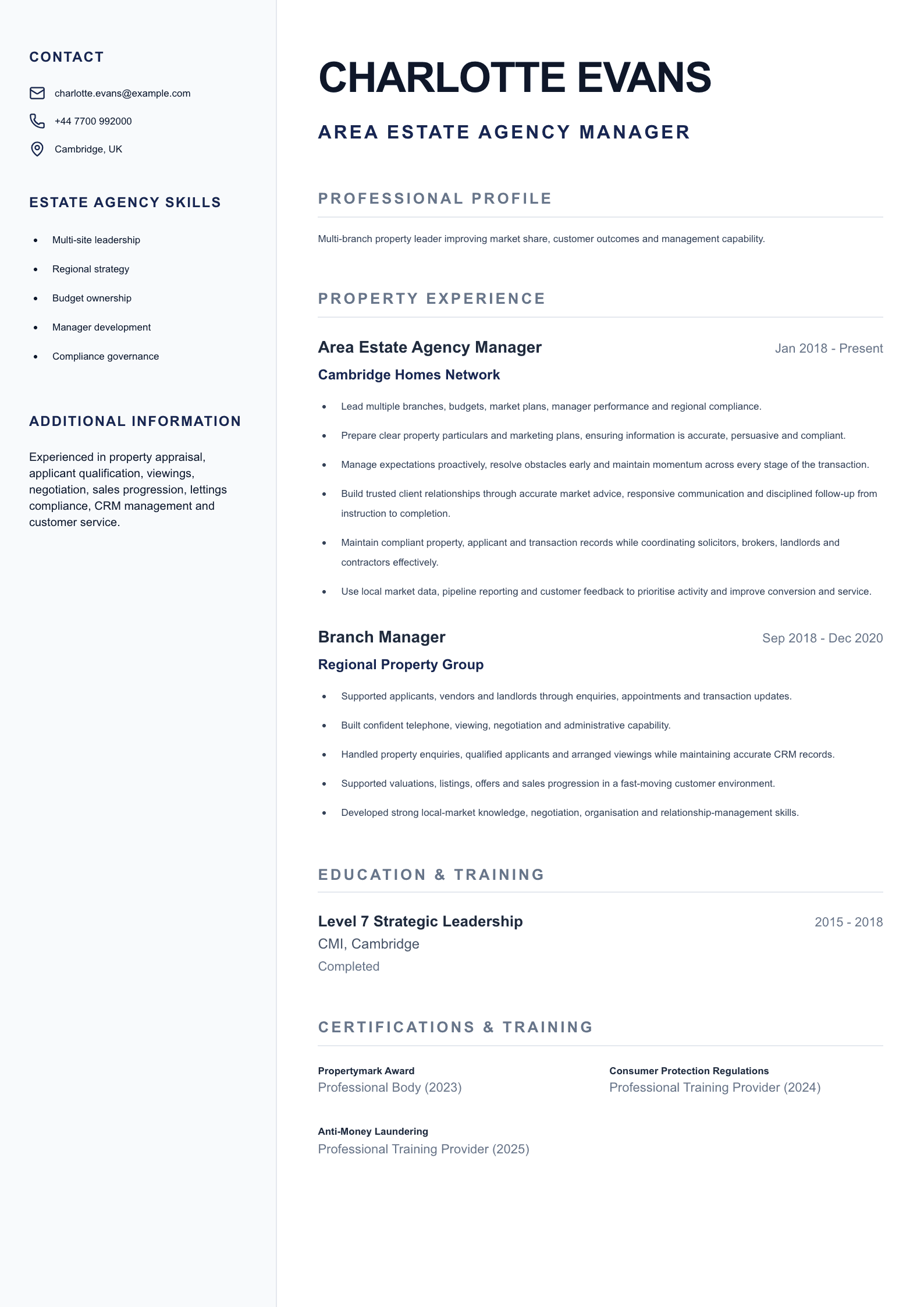 Area Estate Agency Manager CV template