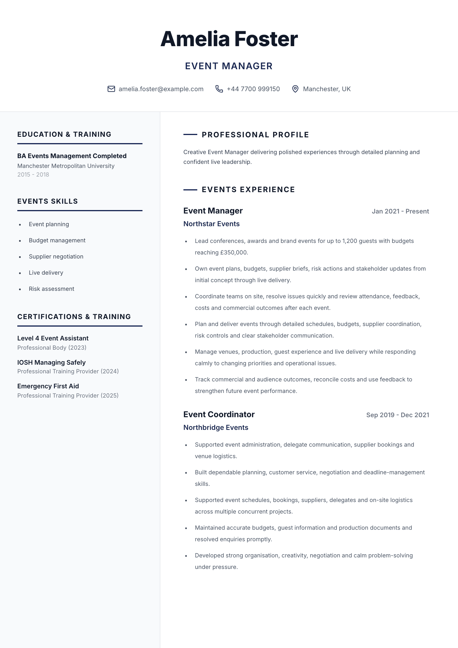 Event manager CV