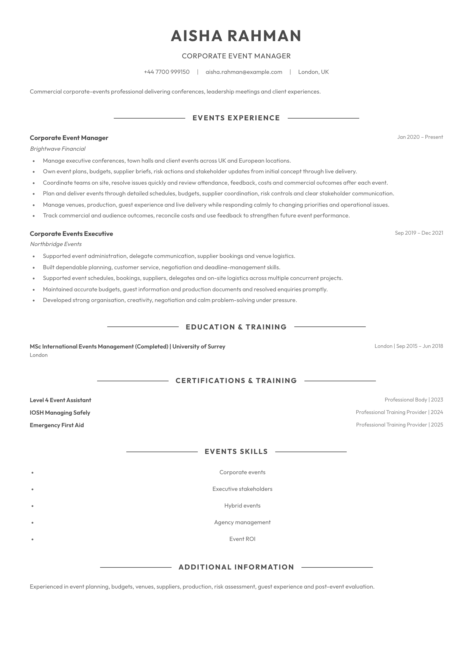 Corporate Event Manager CV template