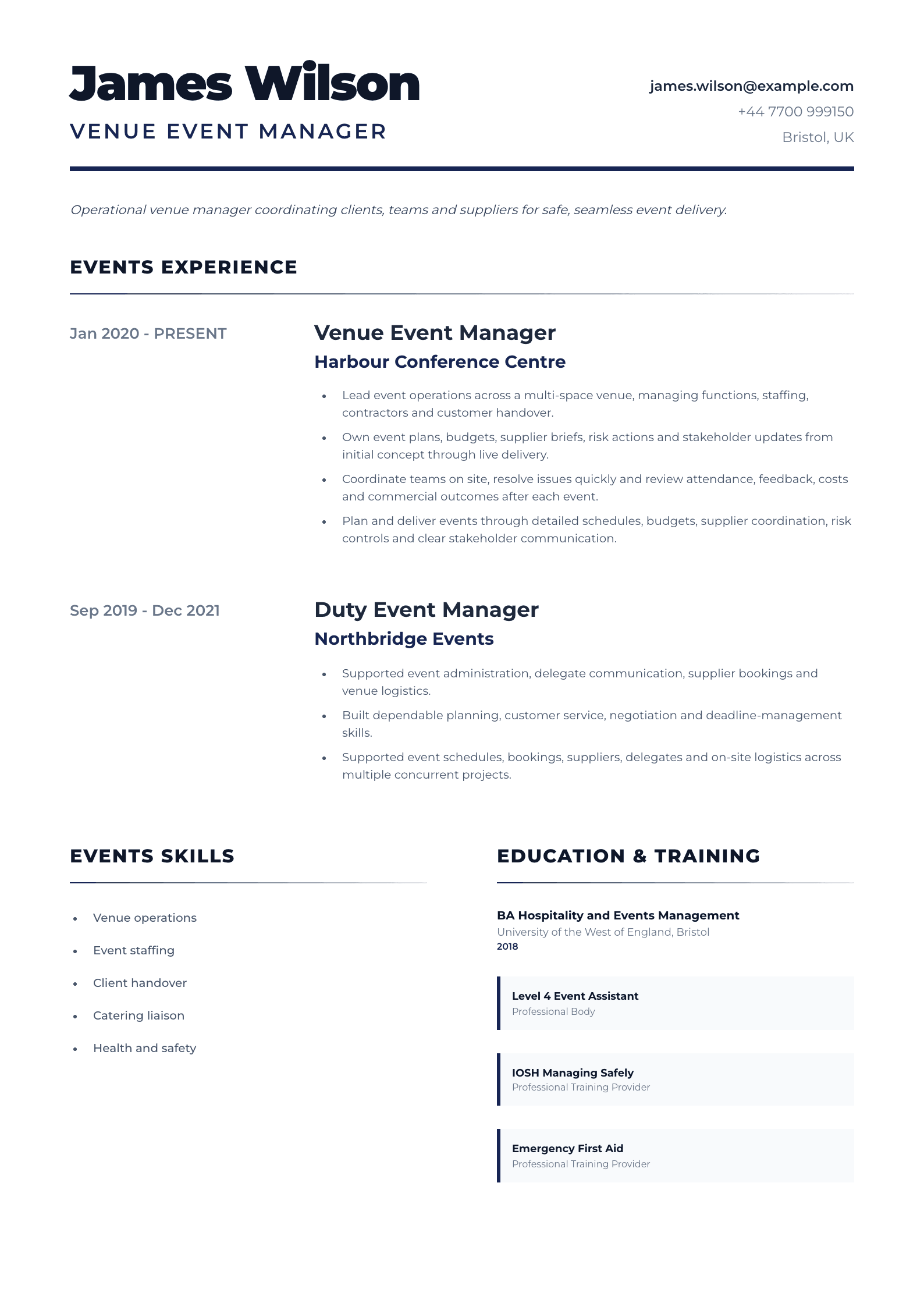 Venue Event Manager CV template