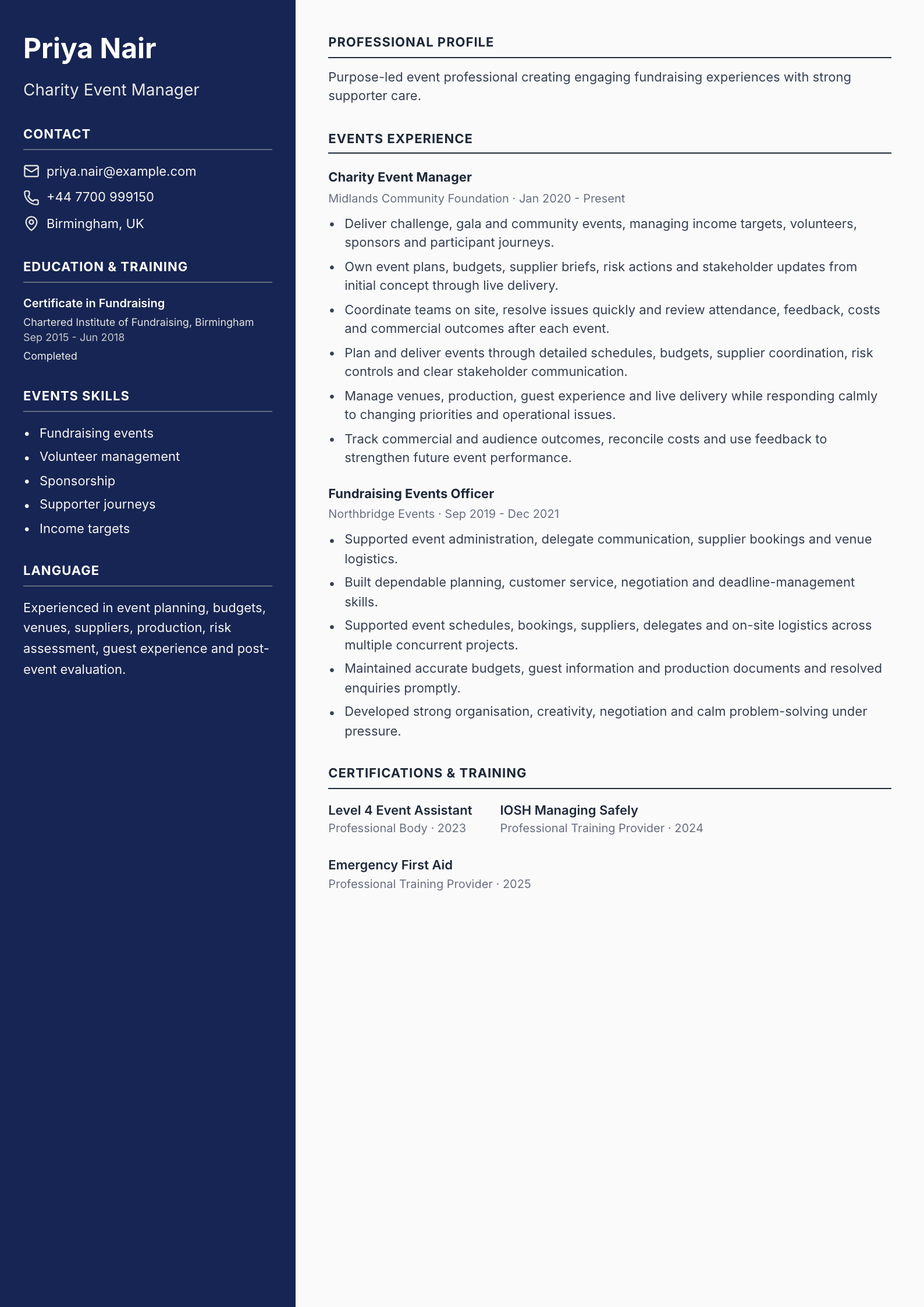 Charity Event Manager CV template
