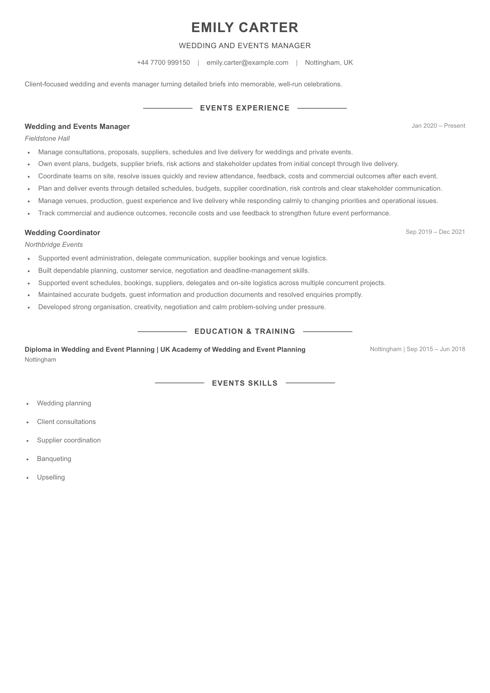 Wedding and Events Manager CV template