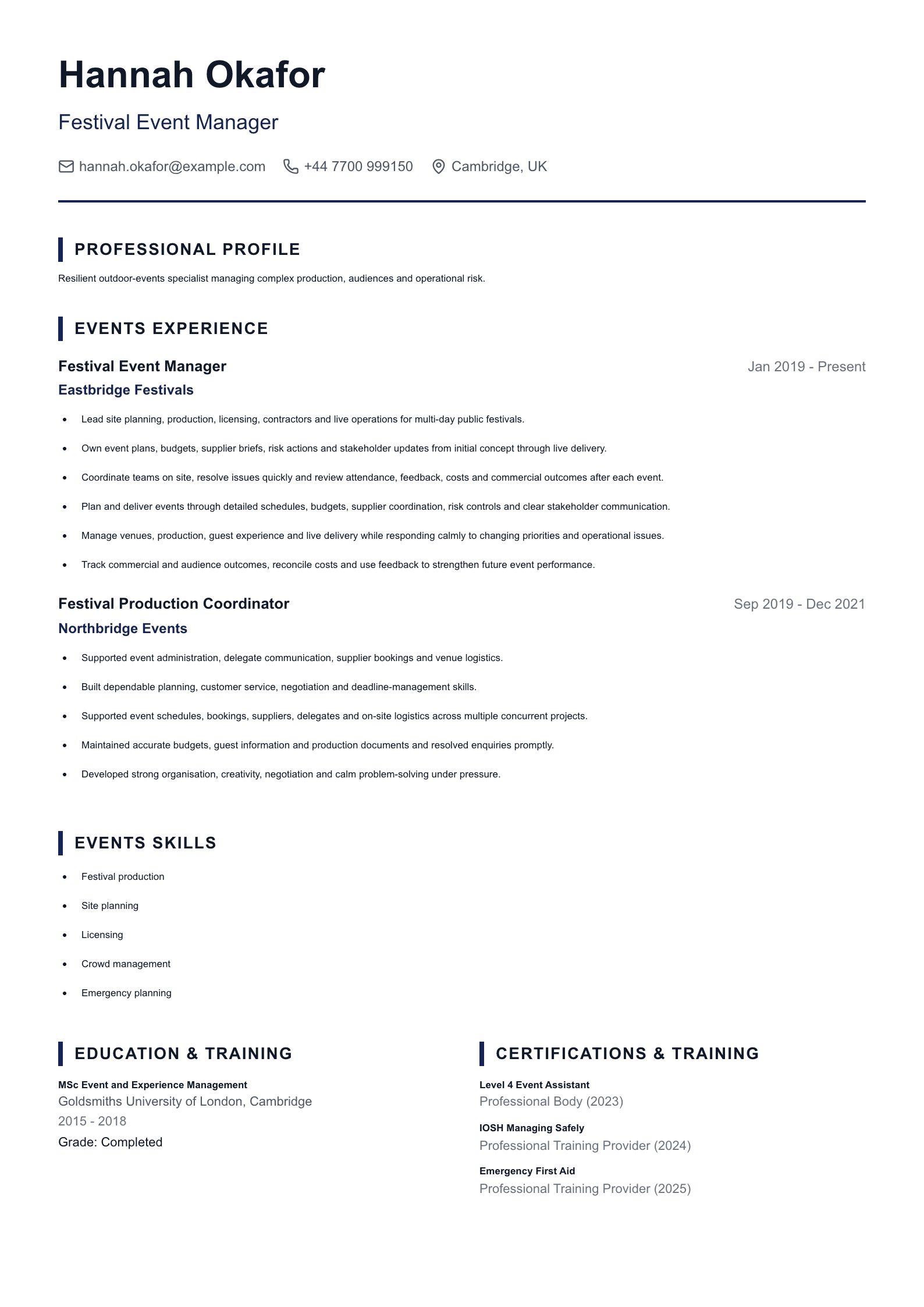 Festival Event Manager CV template