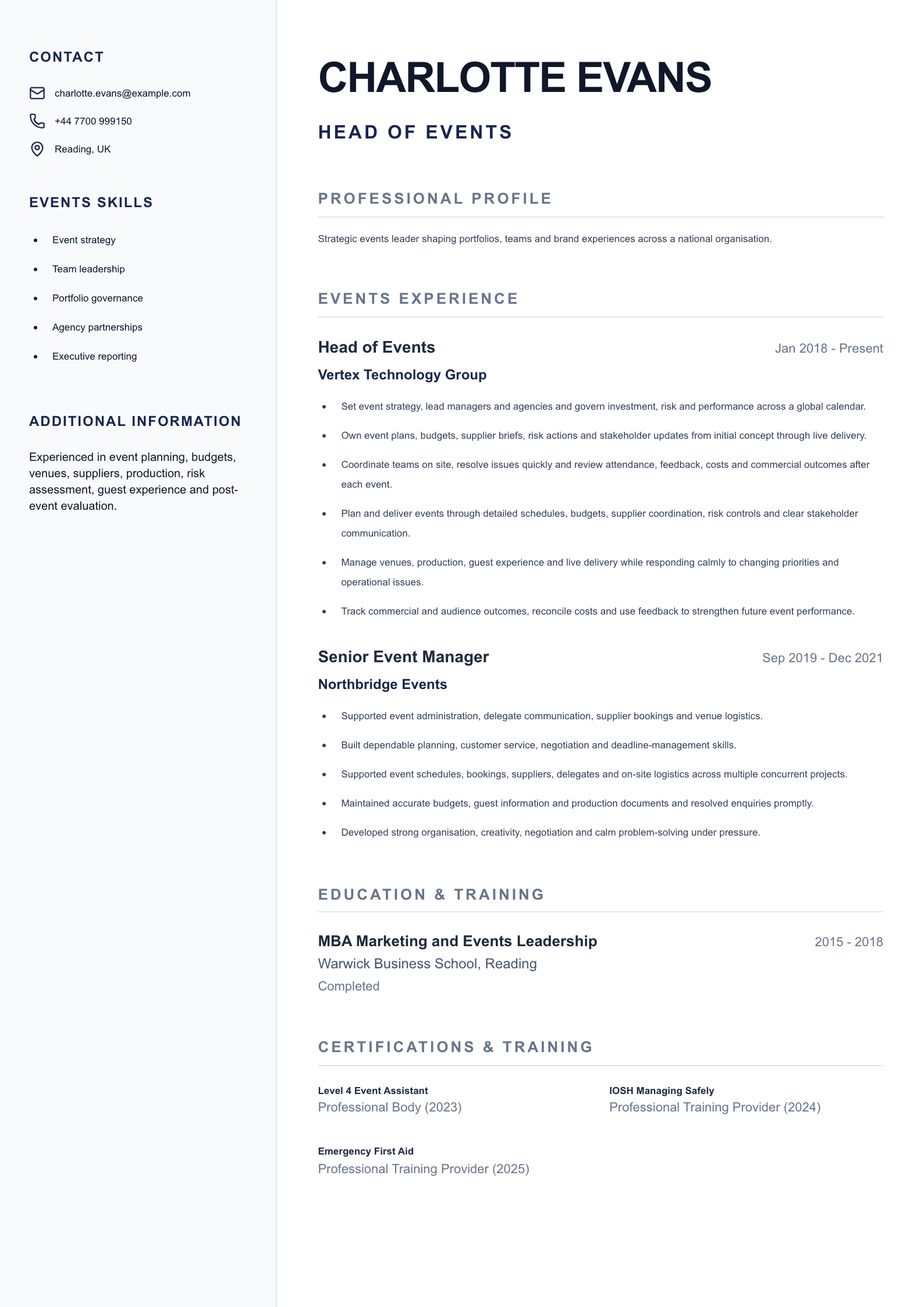 Head of Events CV template