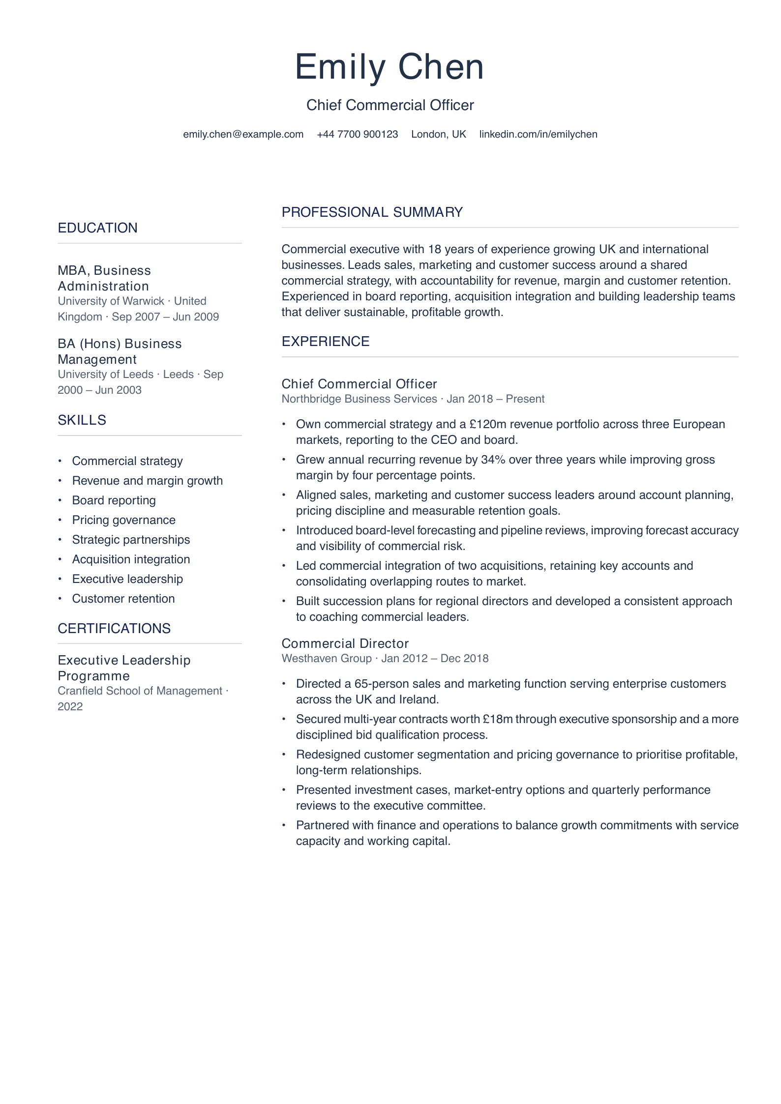 free executive cv template chief commercial officer