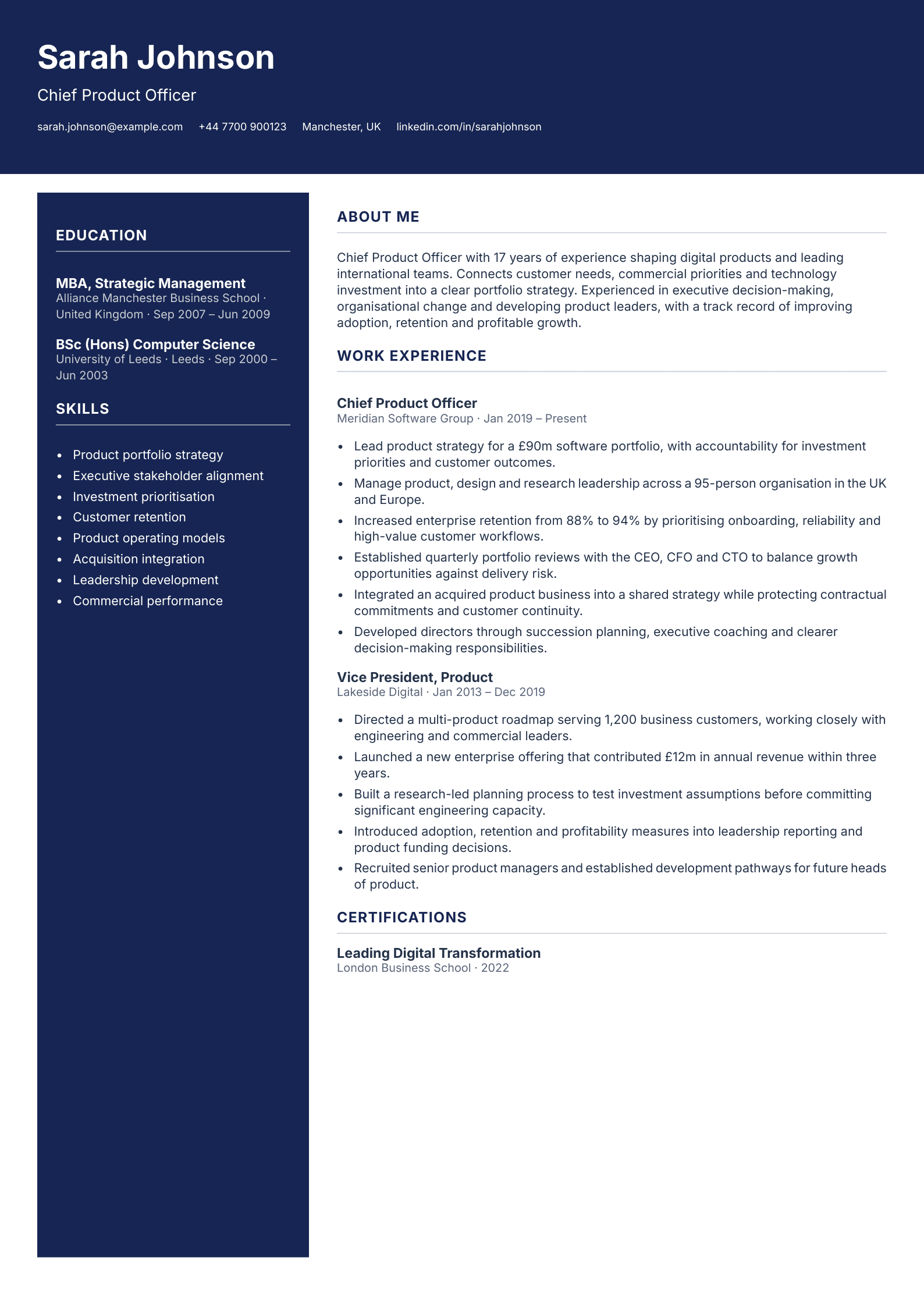 free executive cv template chief product officer