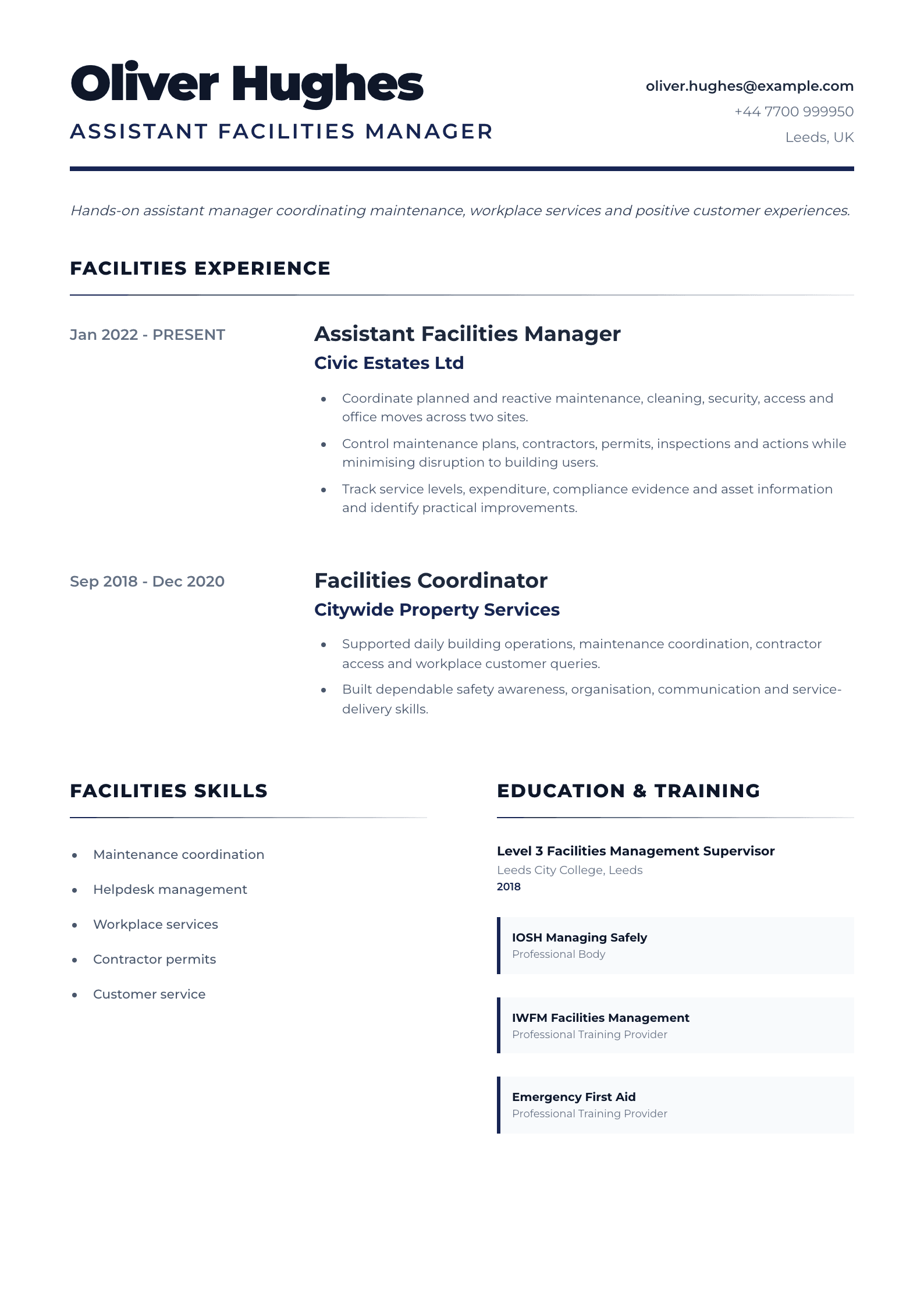 Assistant Facilities Manager CV template