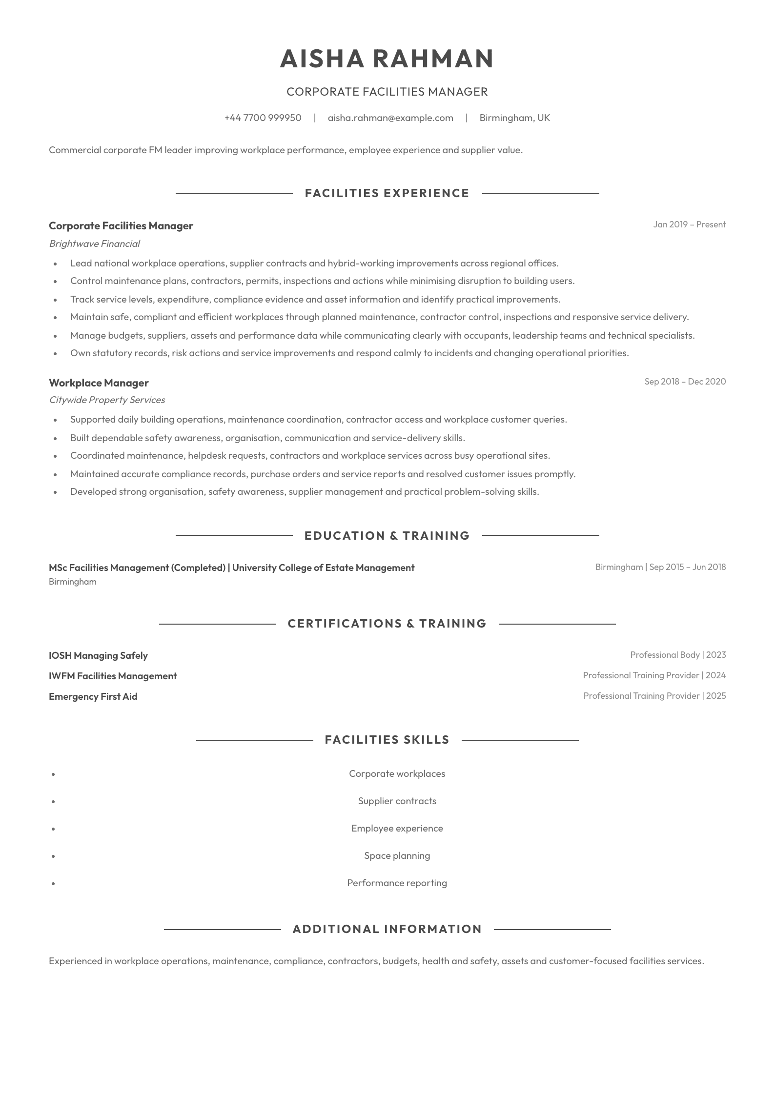 Corporate Facilities Manager CV template