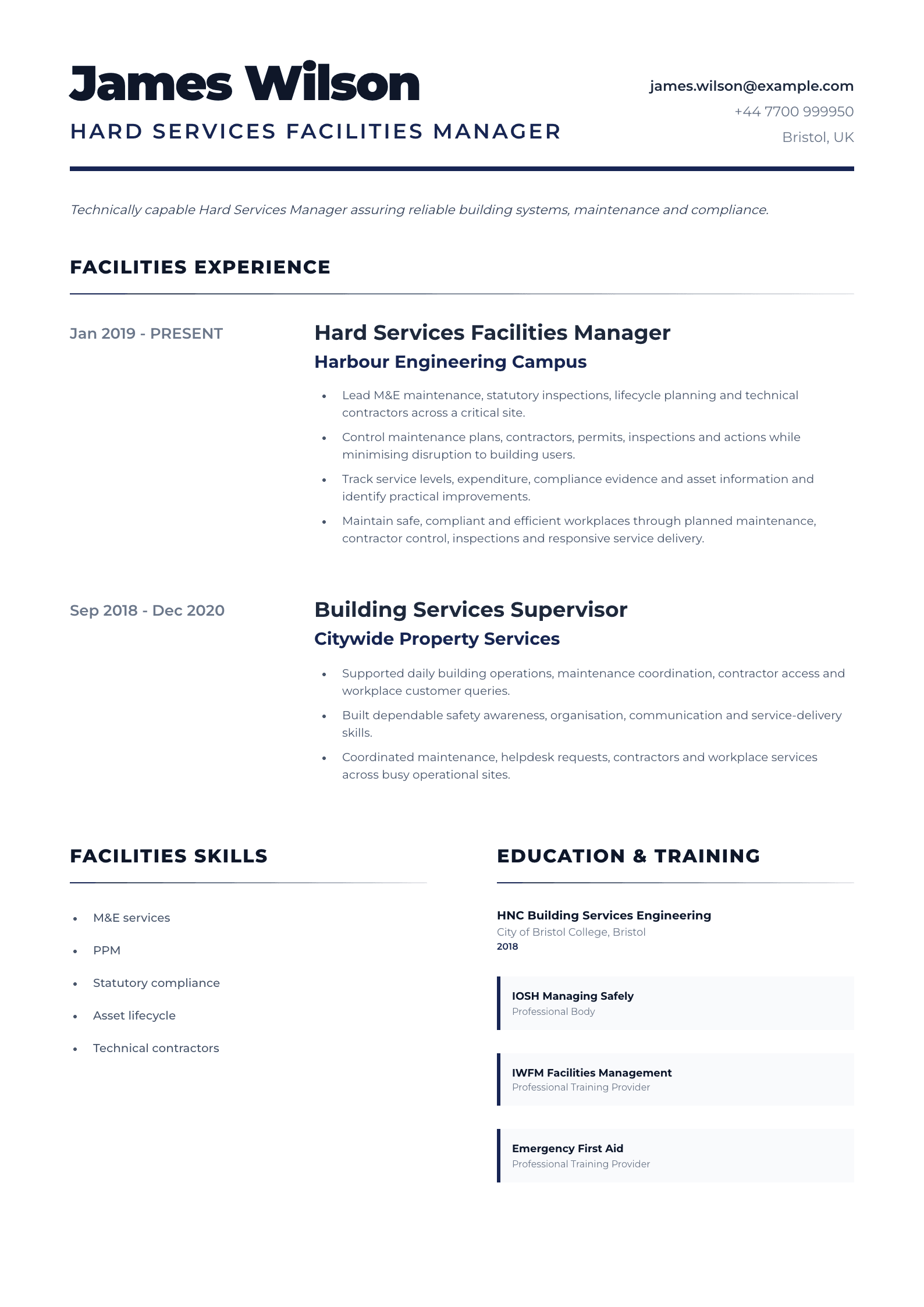 Hard Services Facilities Manager CV template