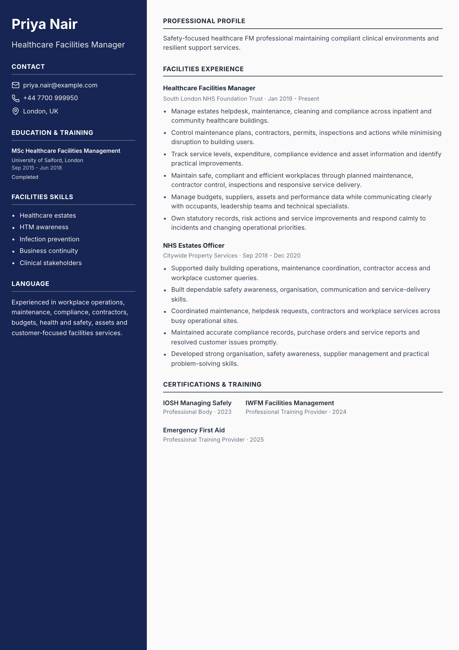 Healthcare Facilities Manager CV template