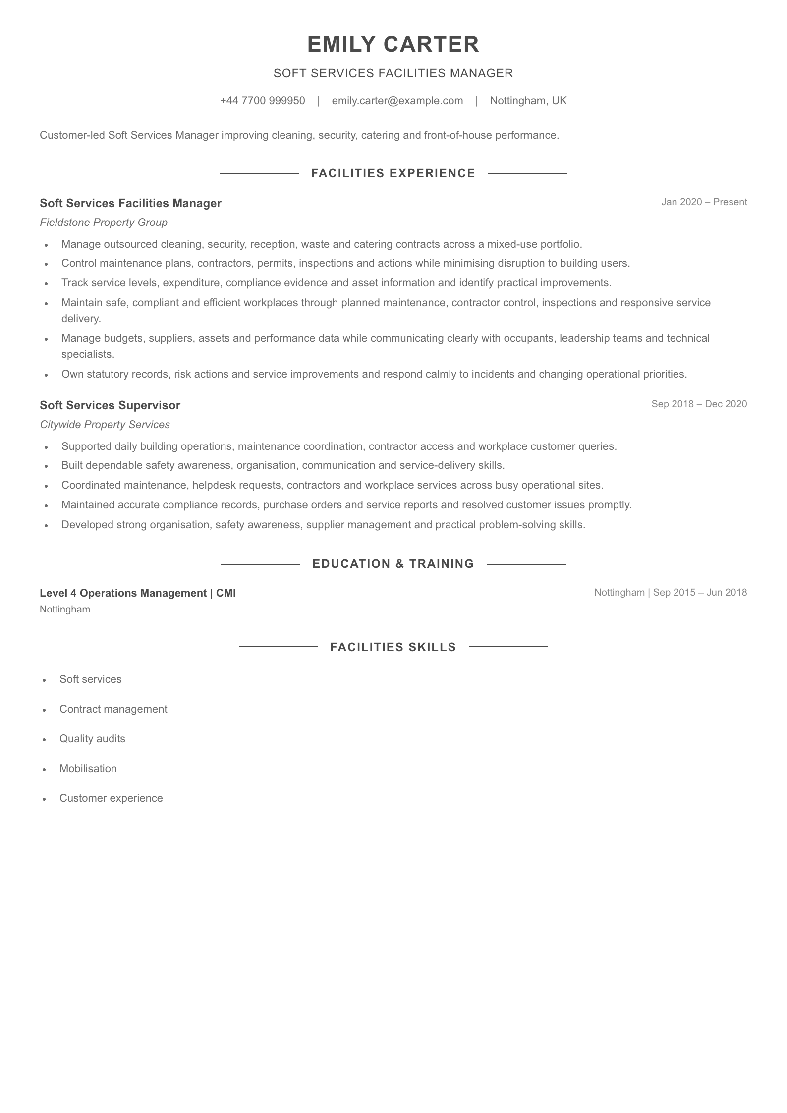 Soft Services Facilities Manager CV template