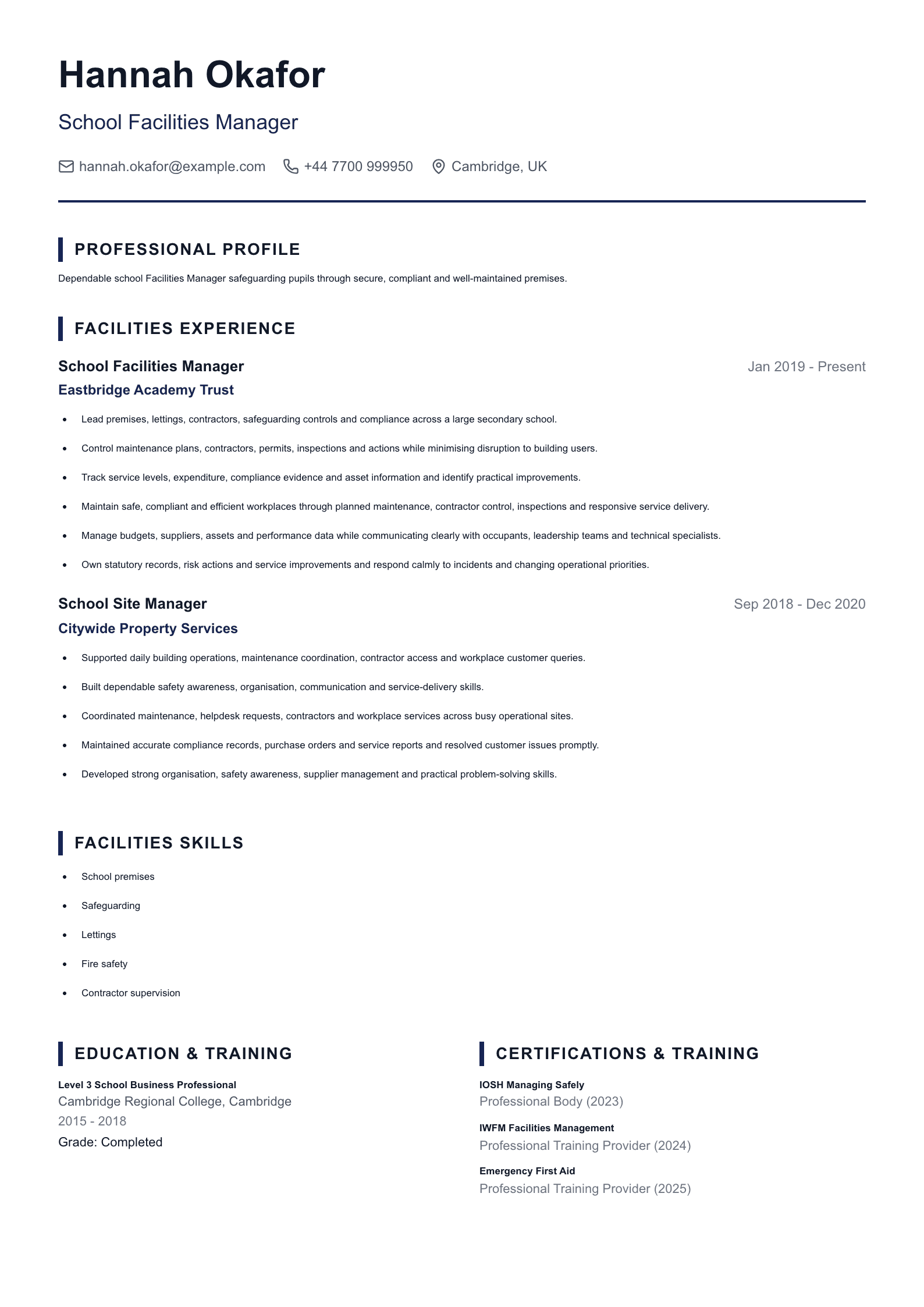 School Facilities Manager CV template