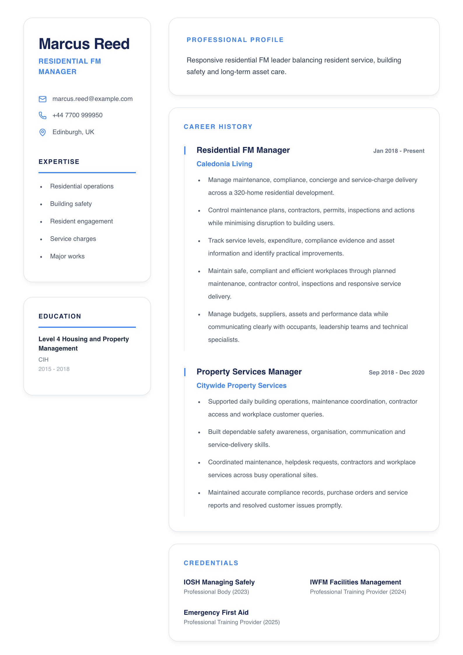 Residential Facilities Manager CV template