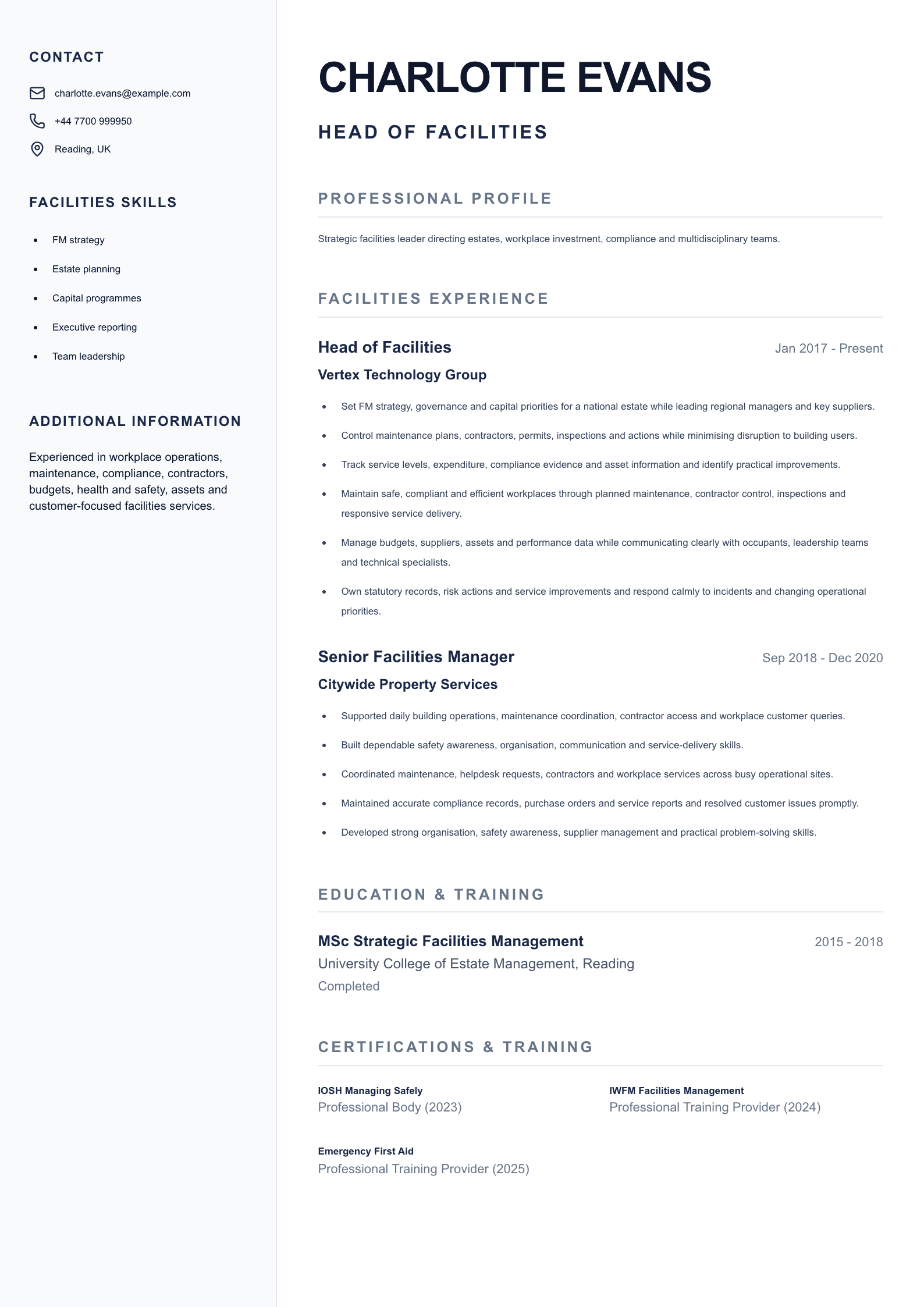 Head of Facilities CV template