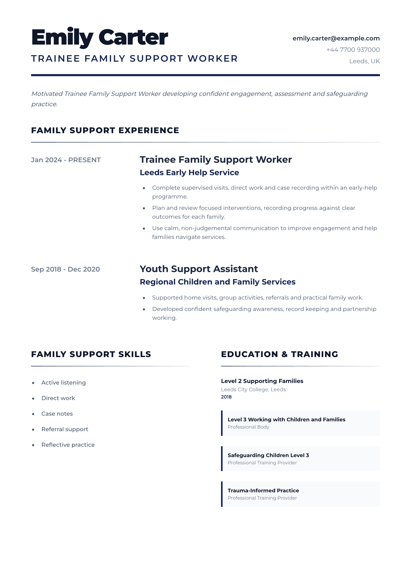Trainee Family Support Worker CV template